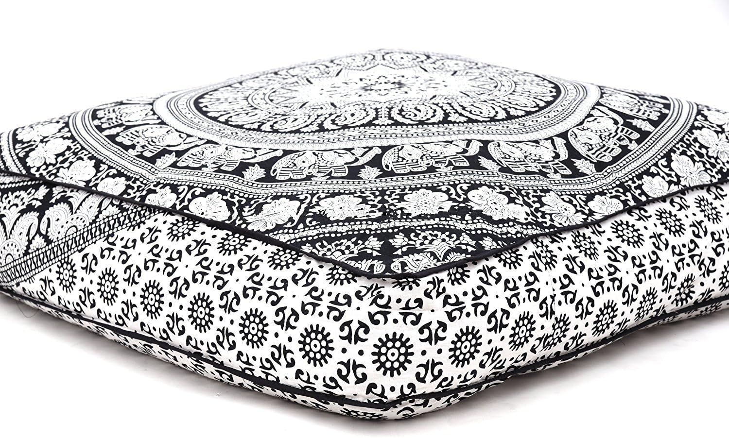 Shree Jinvaram Elephant Mandala Floor Pillow Indian Square Ottoman Pouf Large Meditation Pillow Oversized Outdoor Bed 35 x 35x Inch (Pillow Cover Only)