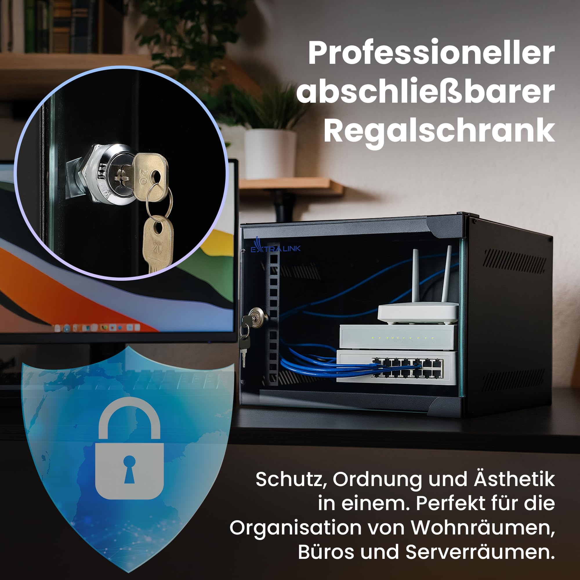 Extralink Netzwerkschrank 10 Zoll 6HE - Serverschrank 310 mm Tiefe - Stand- oder Wandmontage, Traglast 30 kg, 180° Öffnung, Schwarz – ideal für Heimnetzwerk & IT-Geräte