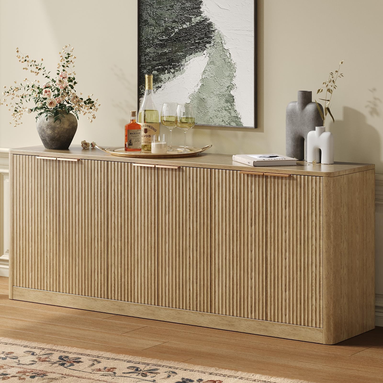 Fluted Oak Buffet Cabinet with Six Doors