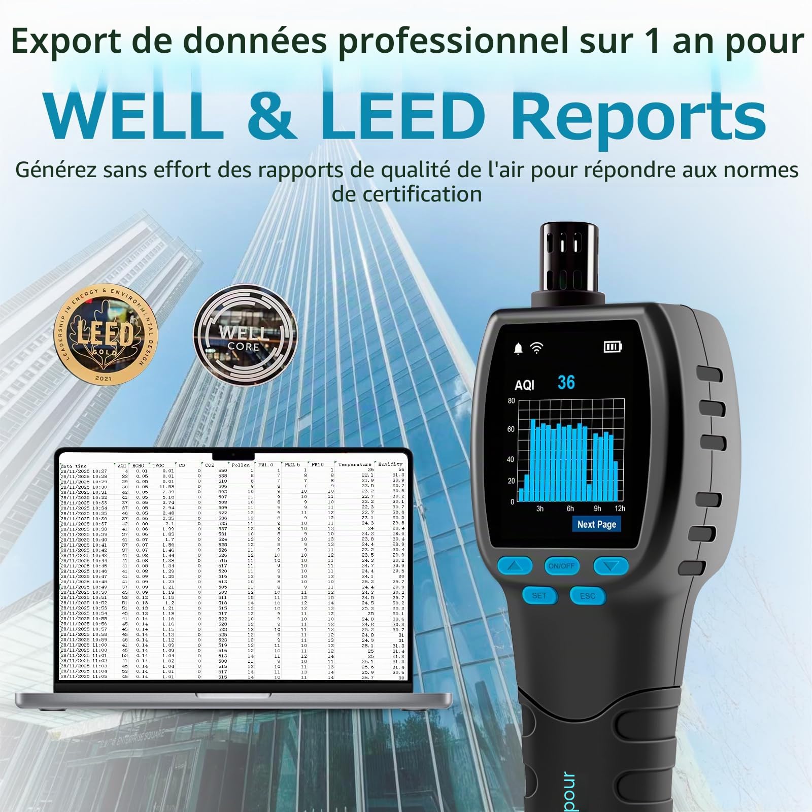 Upgraded CF‑60 PP SMART Moniteur professionnel de qualité de l'air, graphiques à l'écran sur 12 heures et rapport CSV pour la maison, le bureau, le laboratoire et la prévention des moisissures