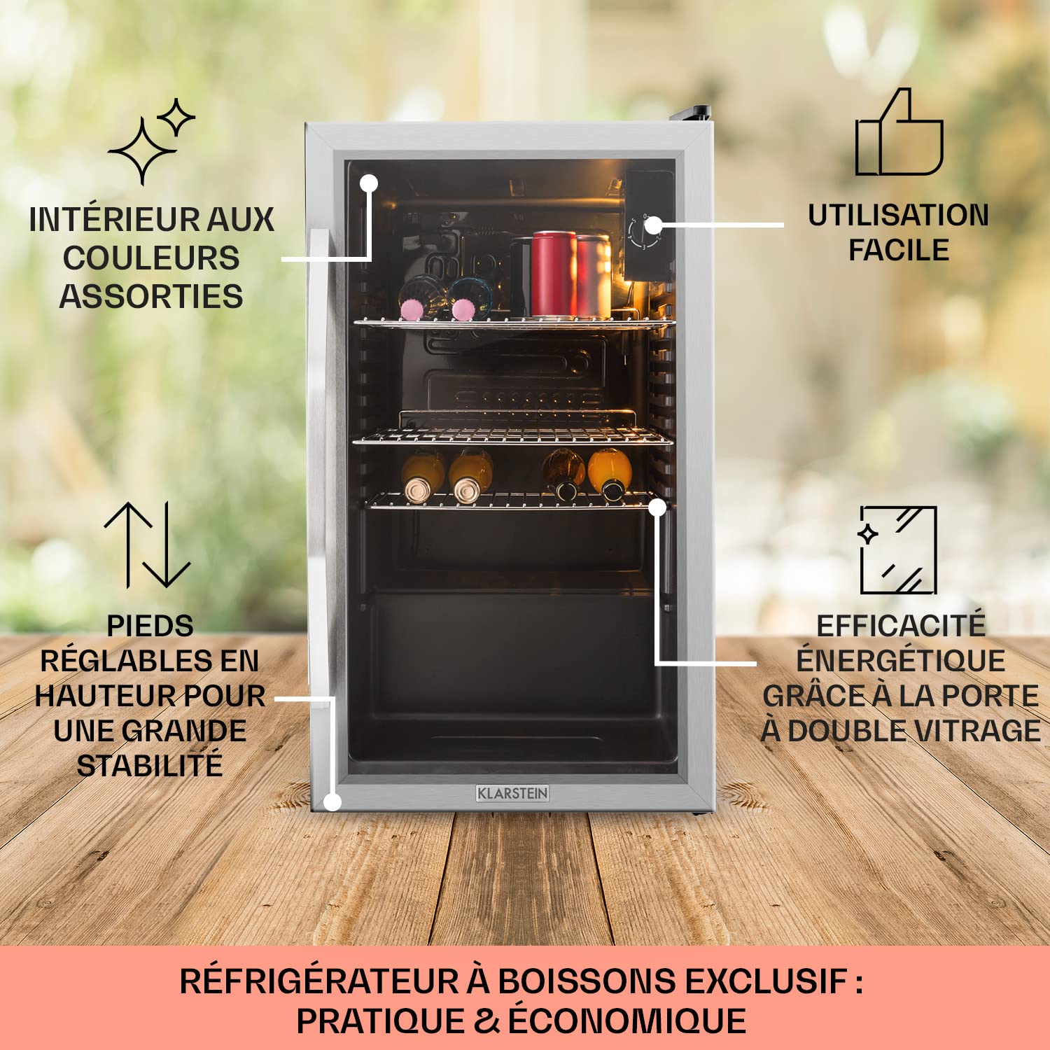 KLARSTEIN Beersafe Beverage Fridge 80L - Mini Fridge with Glass Door, Black/Silver | LED Lighting, Removable Metal Shelves, Quiet, for Drinks and Cans