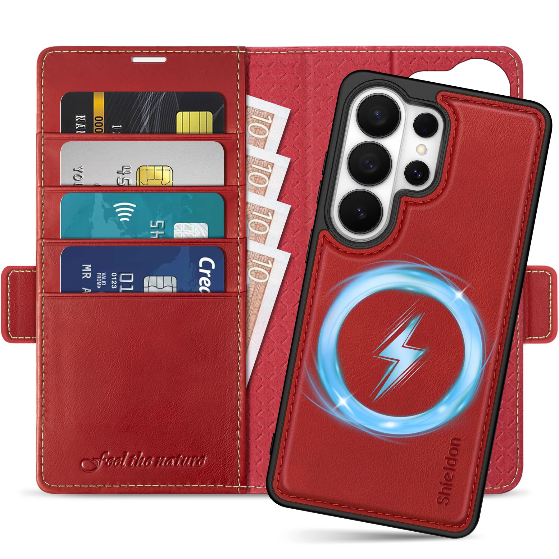 SHIELDON Genuine Leather 2 in 1 Detachable Wallet Case for S26 Ultra 6.9-inch 5G 2026, Magnetic Wireless Charging, RFID Blocking, Card Holder, Kickstand, Shock-Absorbent Flip Cover - Retro Red