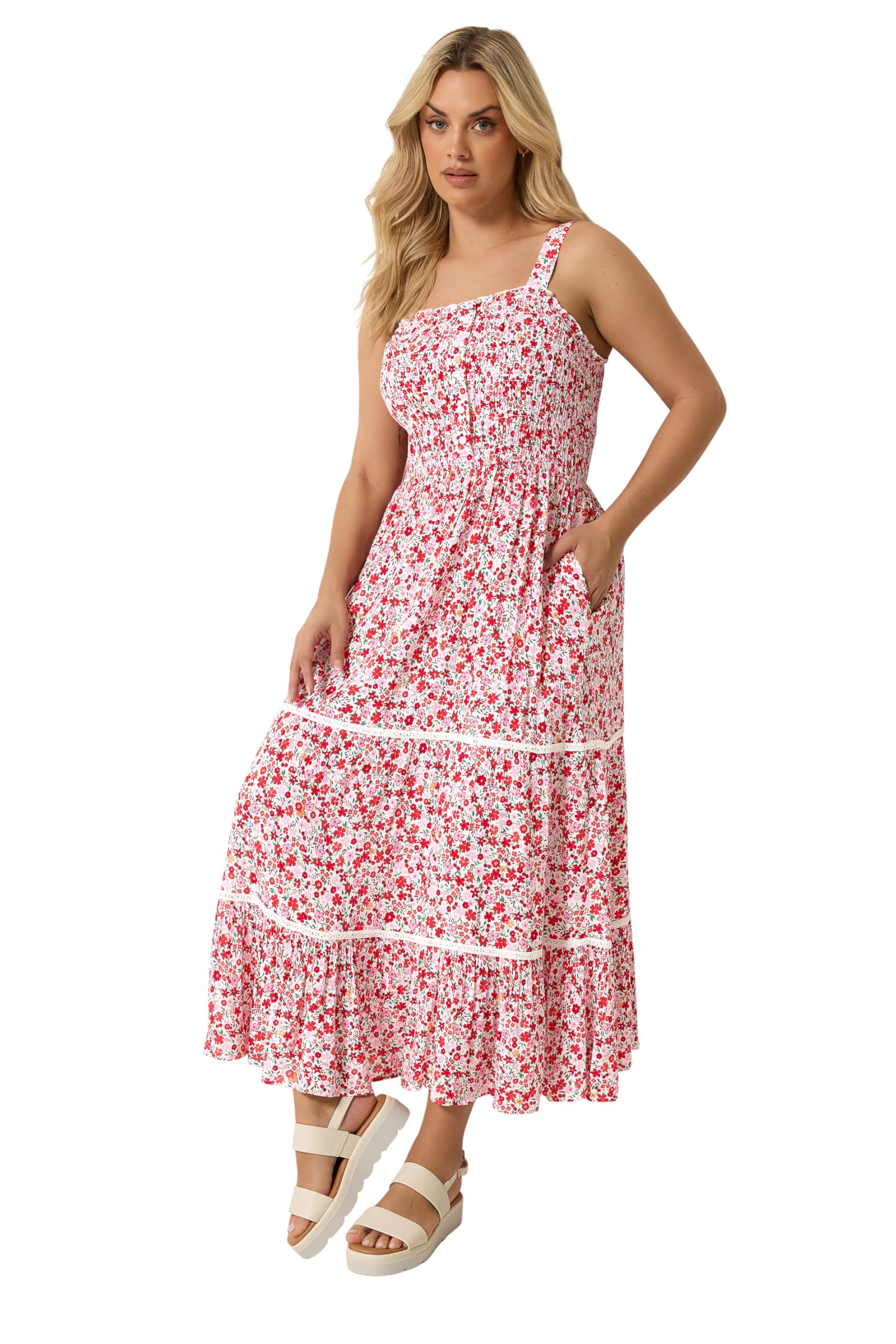 Yours Women's Pink Curve Shirred Floral Placket Dress - Plus Size Curve