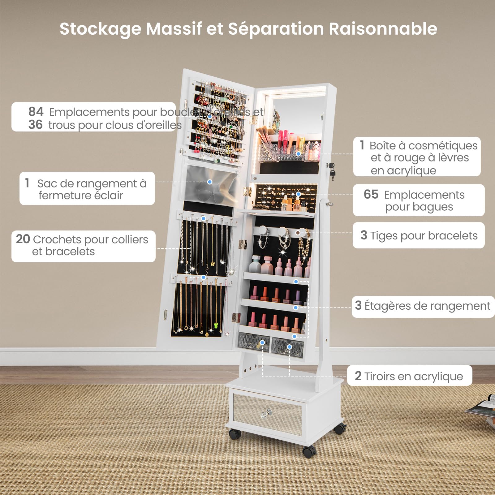 GOPLUS Armoire à Bijoux avec Roues, Organisateur de Bijoux Verrouillable avec LED 3 Couleurs, 3 Angles Réglables, Miroir Intégré, Armoire à Bijoux avec Miroir sur Pied avec Grand Rangement (Blanc)