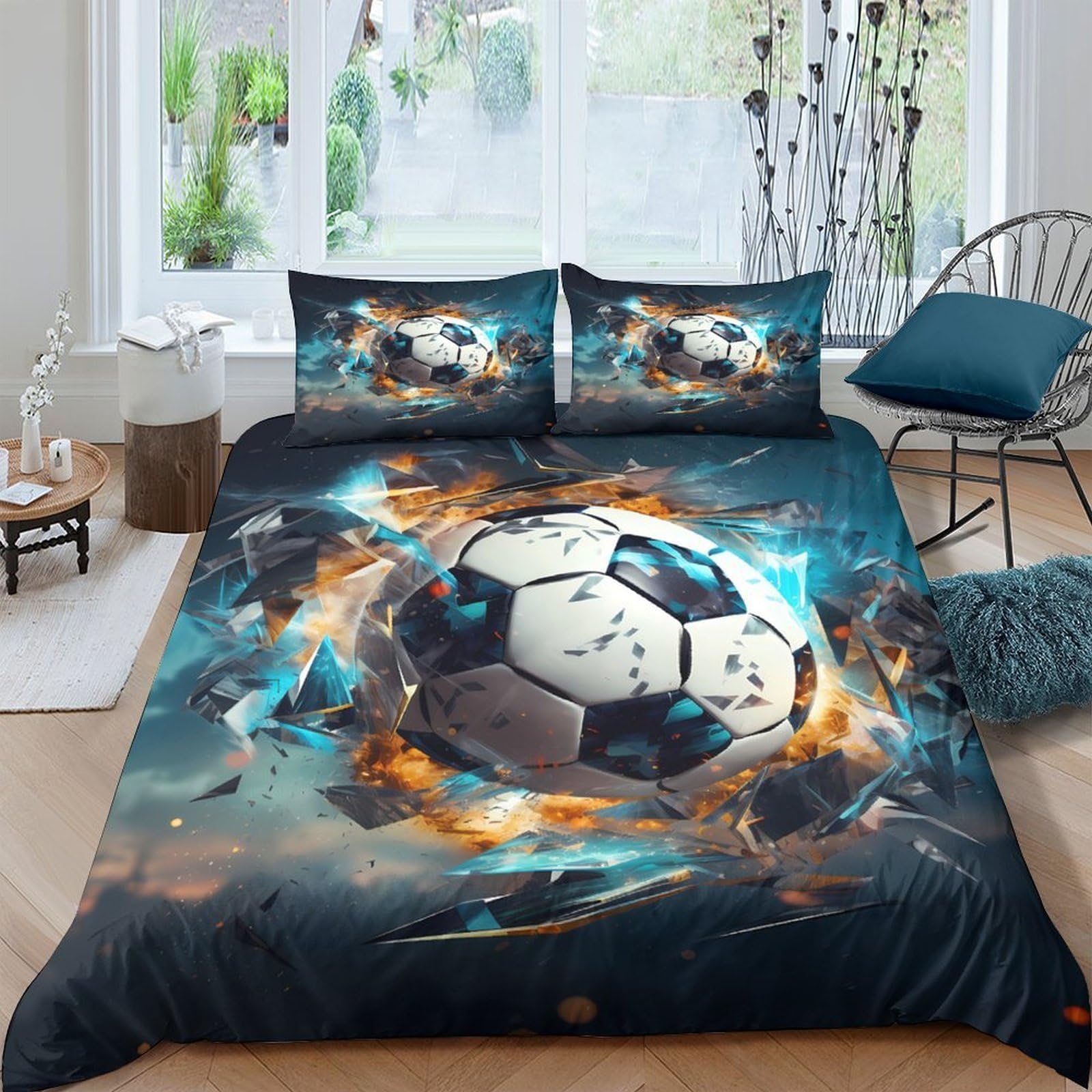 Ctjqhvkz Style-1 3D Printed Dynamic Soccer Fitted Sheet Microfiber Soft Black Blue Football Mattress Cover For Bedroom Dorm Home Decor Single（135X200cm）