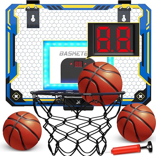 Miniatura 9 de Aro de baloncesto para interiores para niños de 5, 6, 7, 8, 9 y 10 años, mini aro de baloncesto con marcador electrónico sobre la puerta, regalo de
