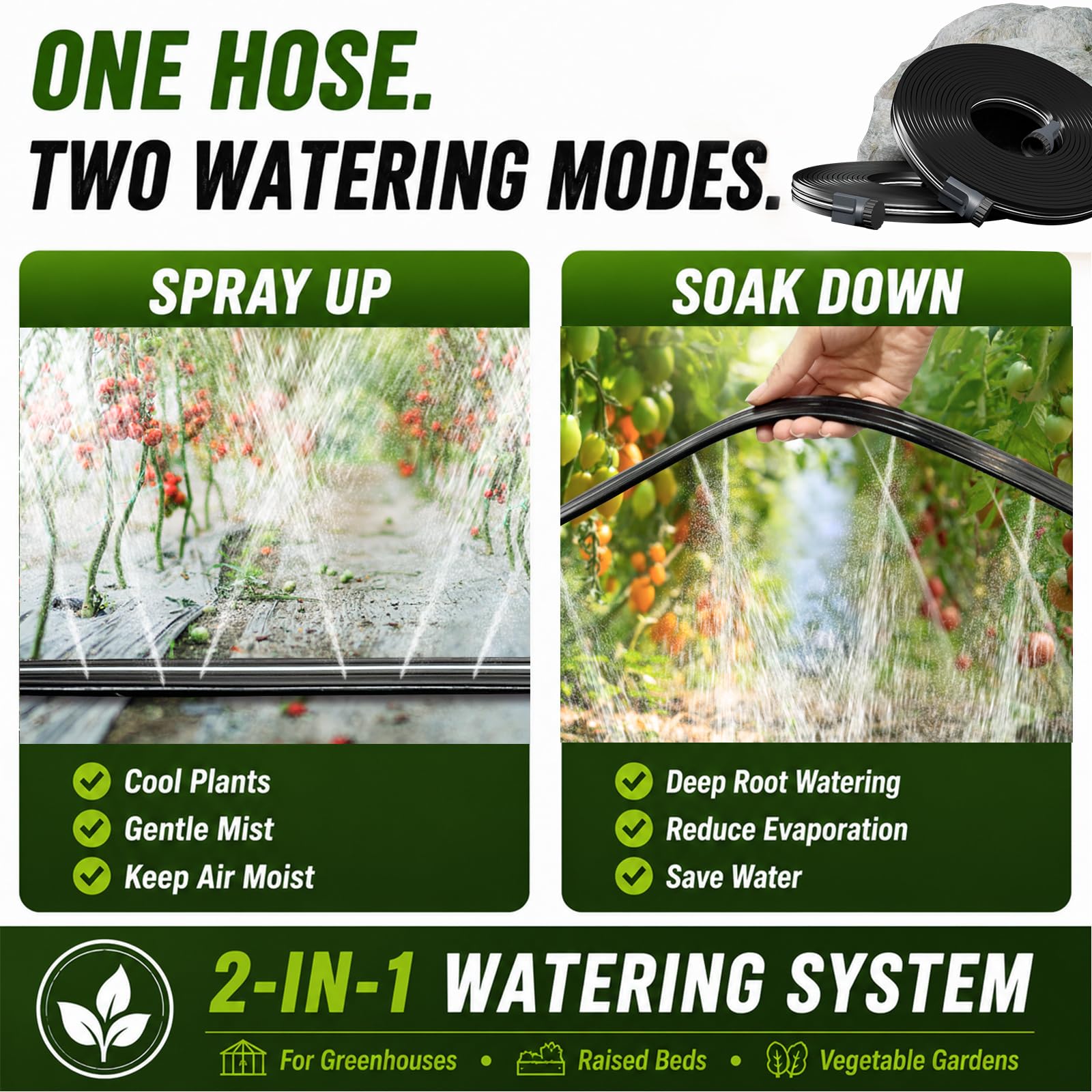 Sprinklerschlauch 7,6 m, flacher Bewässerungsschlauch mit Löchern, wassersparende Tropfleitung, Bewässerungsschläuche mit Gartenklammern für Rasen, Gemüsegartenbeete (7,6 m)