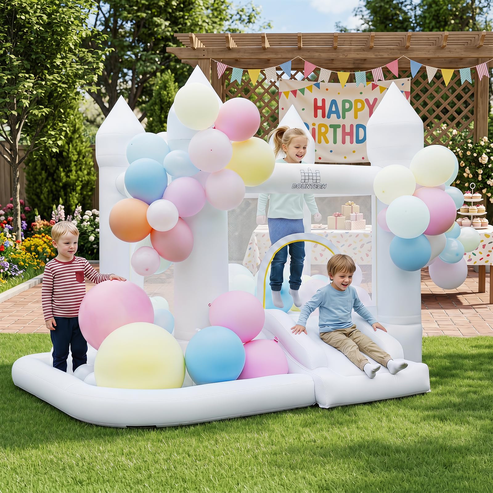 COSTWAY Castello Gonfiabile con Soffiatore, Trampolino, Scivolo, Piscina | Casa Gonfiabile per Interno ed Esterno con Canestro, 100 Palloncini e Borsa, per Bambini 3-12 Anni, 252 x 242 x 191,5 cm