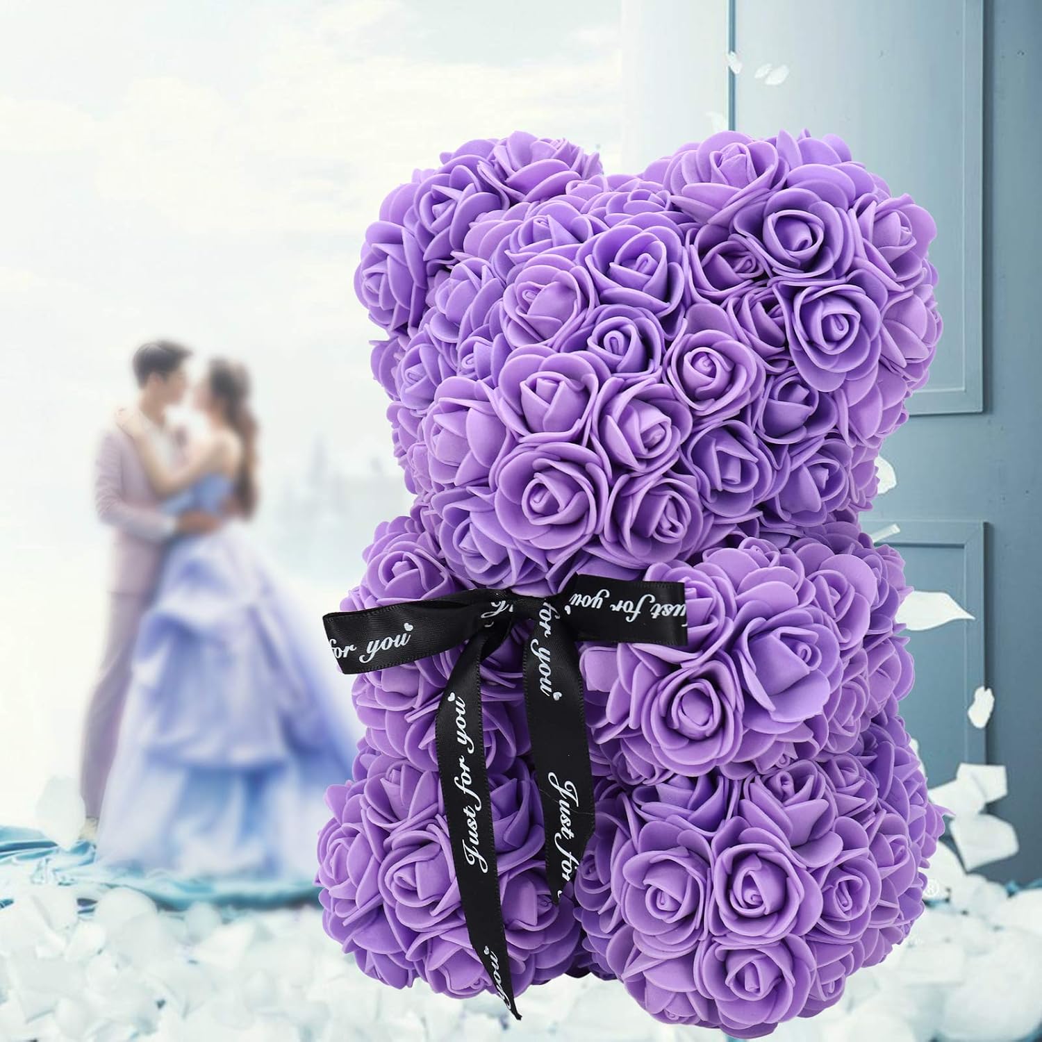LINKLO Rose Bear Rose Teddy Bear -10 inch Artificial Rose Flower Bear, Gift for Wedding, Mothers Day and Anniversary, Including Transparent Gift Box (Purple)