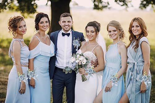 Miniatura 7 de YSUCAU Juego de pulsera de ramillete de rosa azul polvoriento, para hombres, para boda, pulseras de ramillete de flores artificiales para decoración