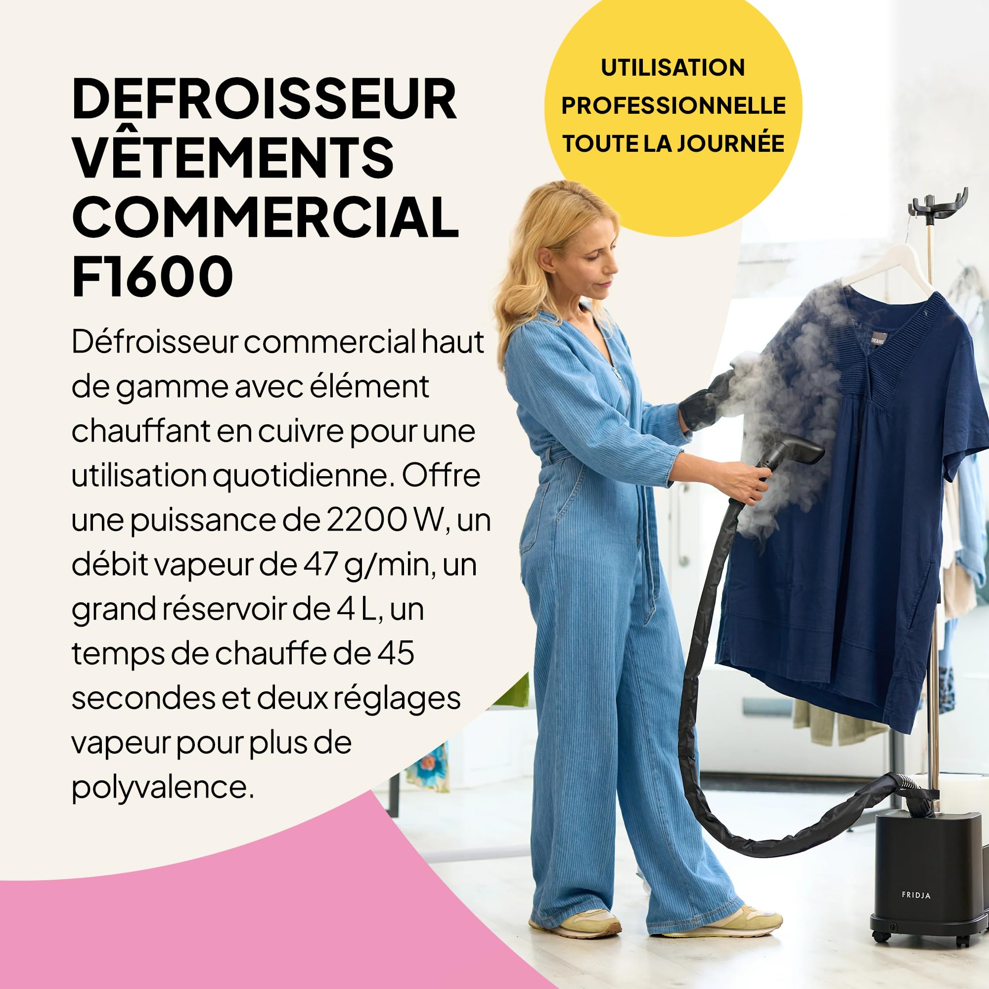Défroisseur vapeur professionnel Fridja f1600 - Puissant défroisseur vapeur haut de gamme de 2200 W - Deux réglages de vapeur et réservoir d'eau de 4 L pour un défroissage rapide - Convient à tous les