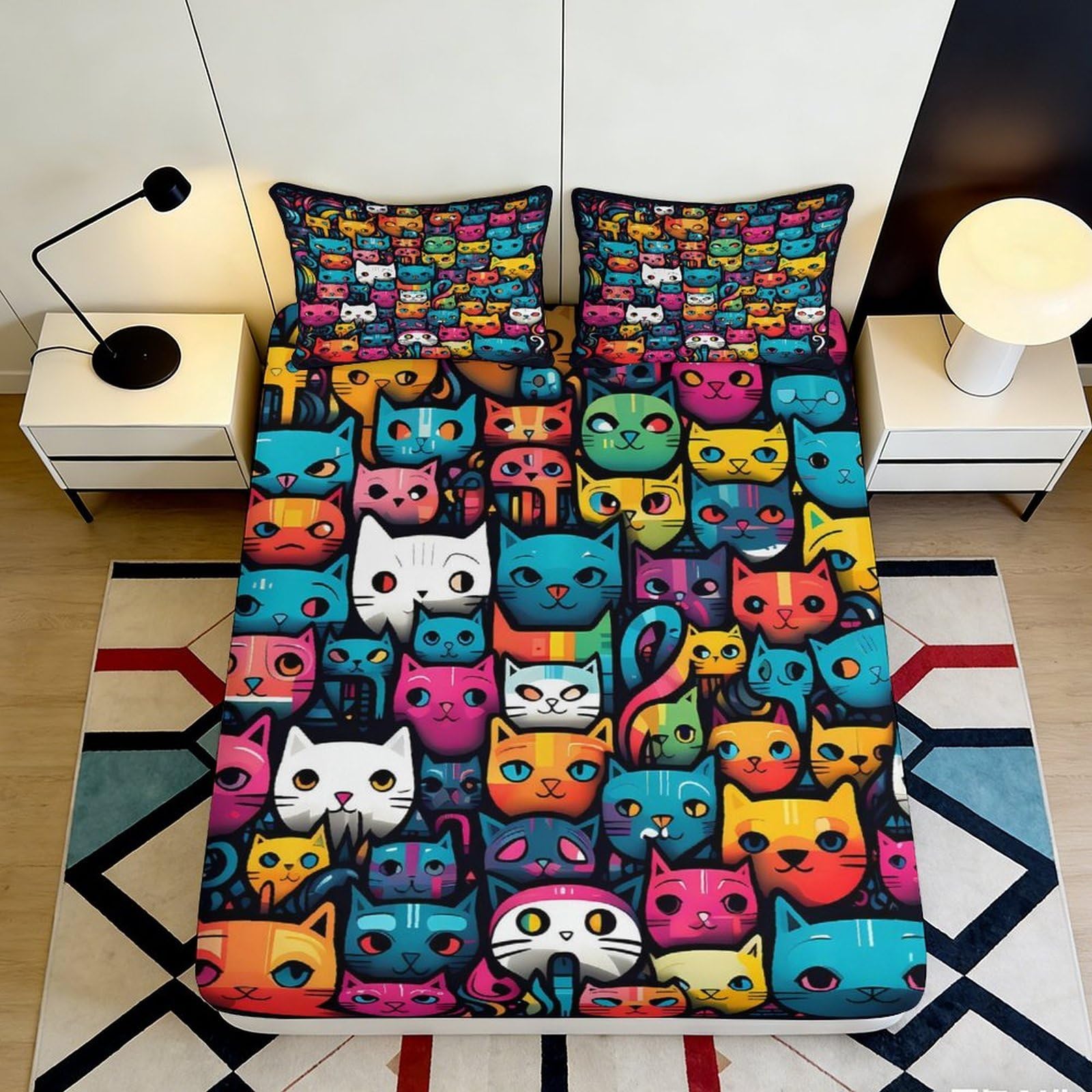 Vibrant 3D Printed Fitted Sheet Colourful Cartoon Cat Pattern, Microfiber Soft Touch, Bed Cover for Bedroom Decor, Home, Guest Room Bedding, Easy Care, 100-120cm 90x200x25cm