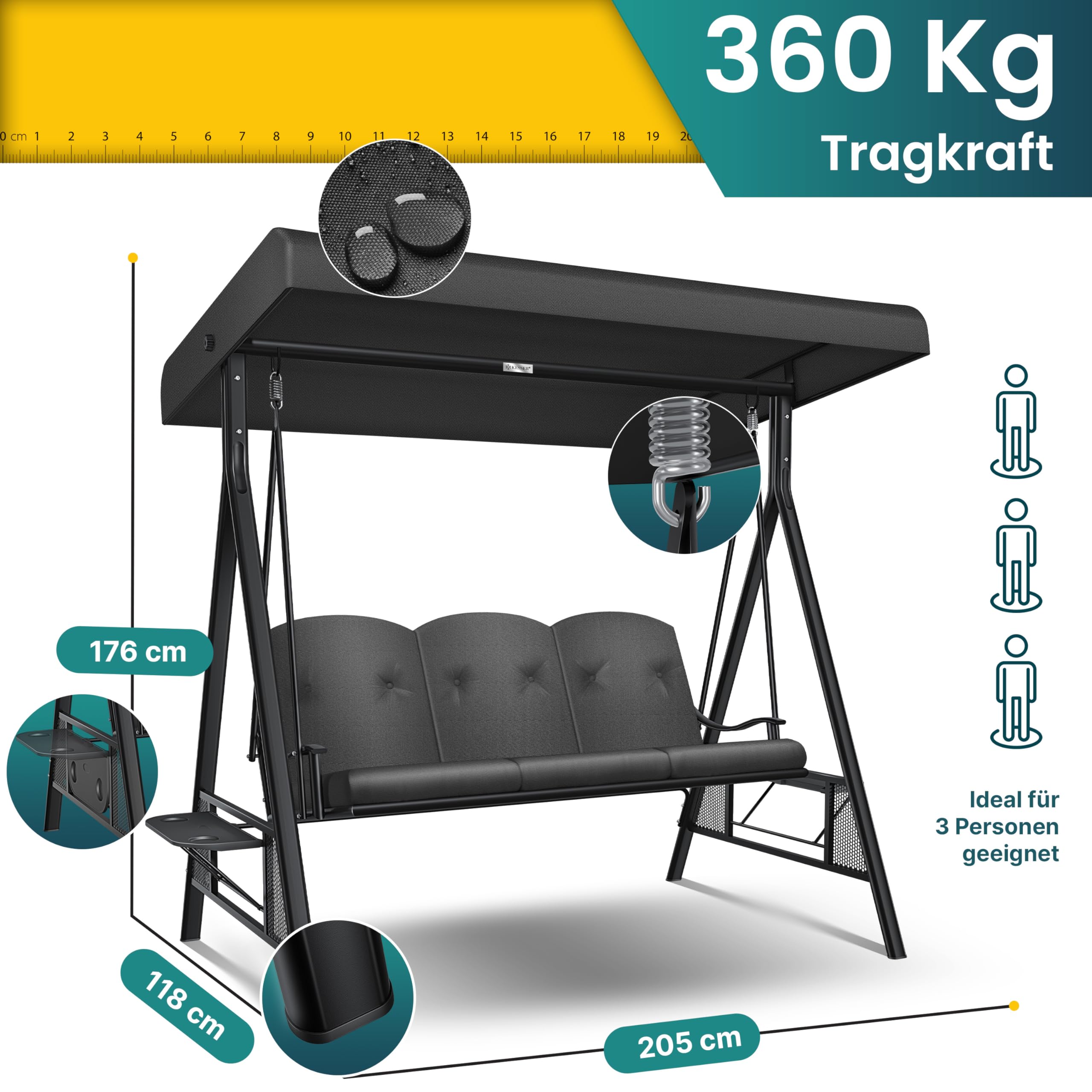 KESSER® Hollywoodschaukel mit Sonnendach 3-Sitzer & Sitzpolster-Auflage | Gartenschaukel bis 360kg belastbar | Gartenliege mit Anti-Rutsch-Füßen | Schaukelbank wasserabweisend für Outdoor & Indoor