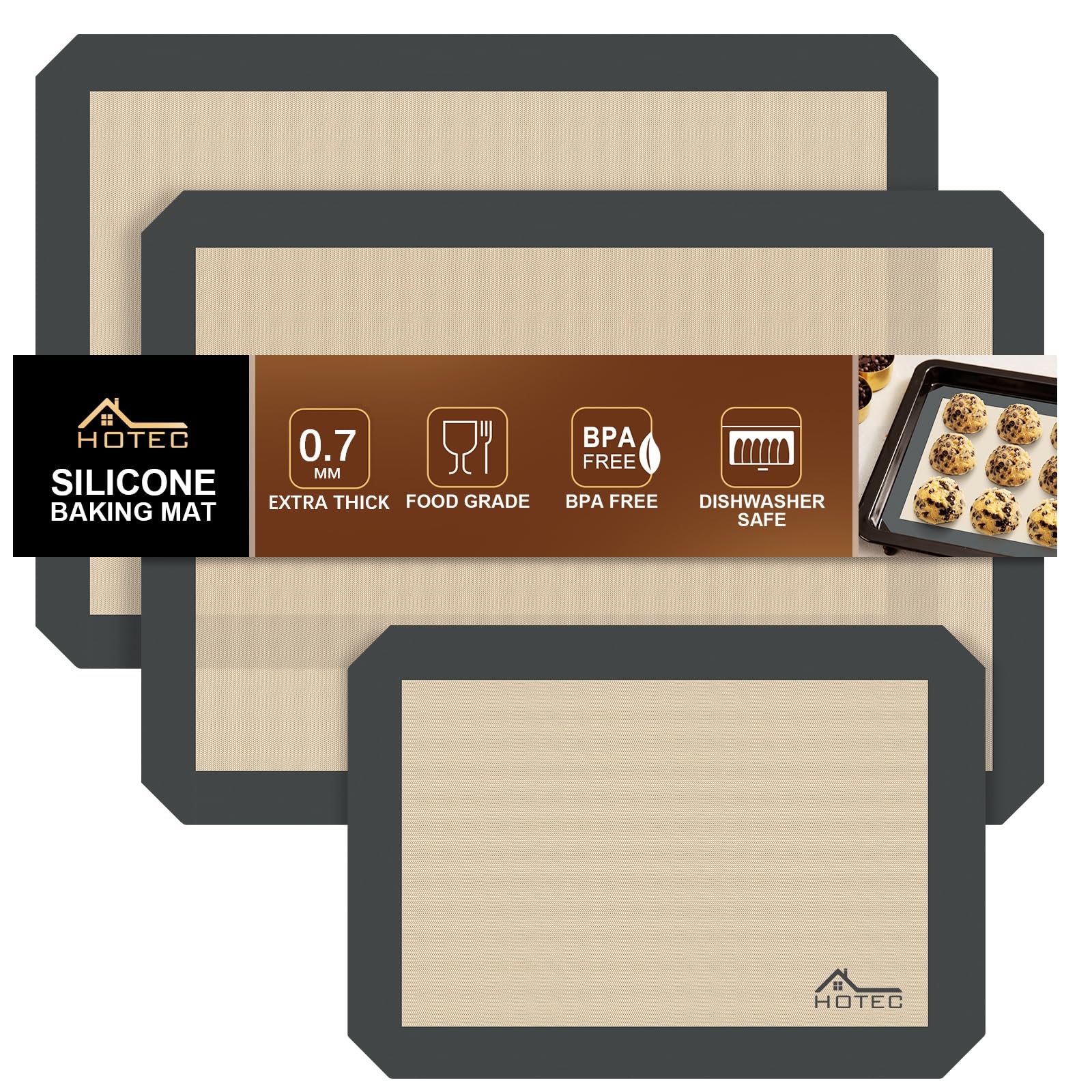 HOTEC Silicone Baking Mats 3 Pack – Thickened Non-Stick Reusable Silicone Baking Sheets for Oven – Cookie & Macaron Mats – 2 Half Sheet + 1 Quarter Sheet – BPA-Free, Dishwasher Safe