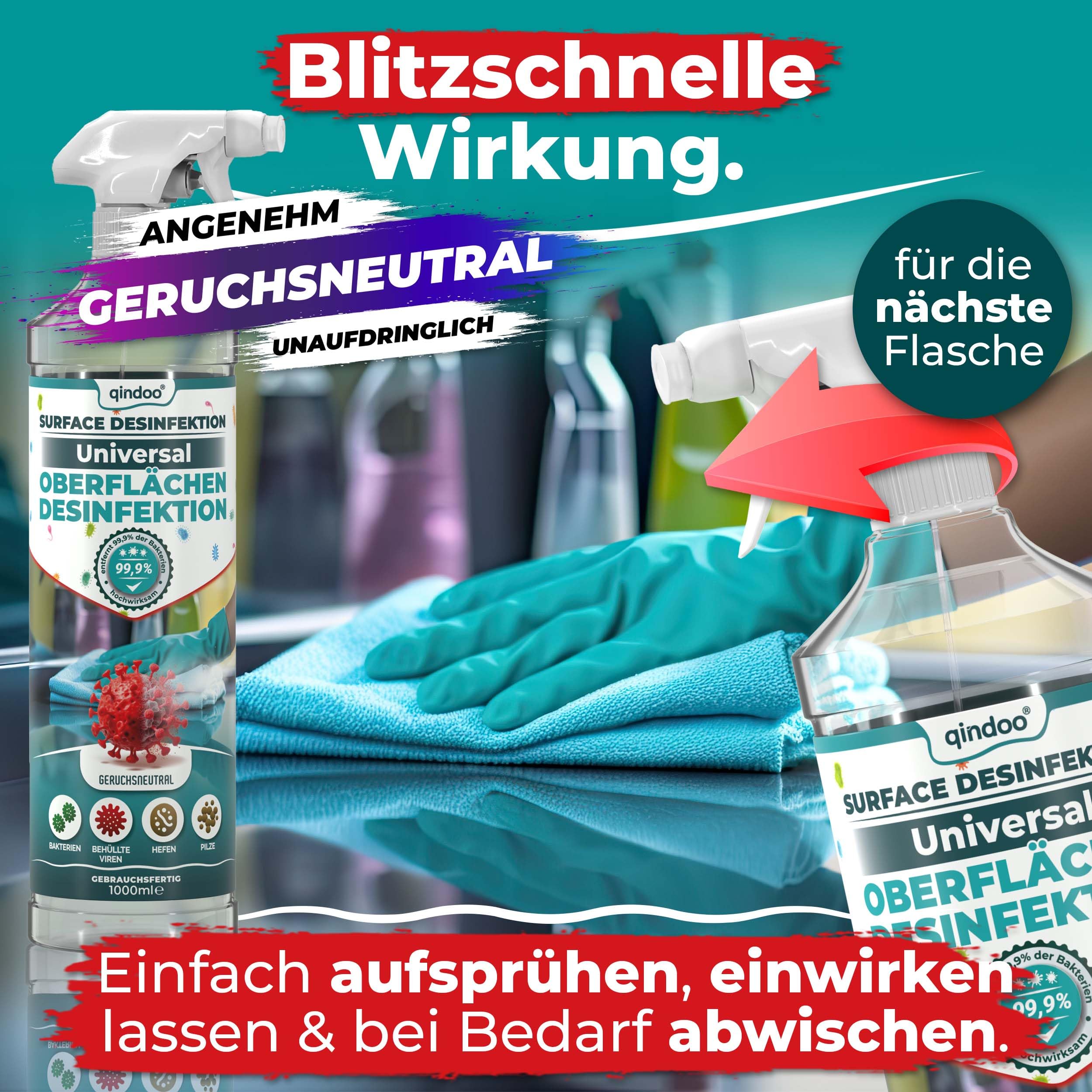 Schnelldesinfektion Spray Universal Flächen-Desinfektionsmittel für Flächen wirkt gegen Bakterien, Viren, Pilze, Keime Desinfektion von Oberflächen, 12L - 2x Sprüh