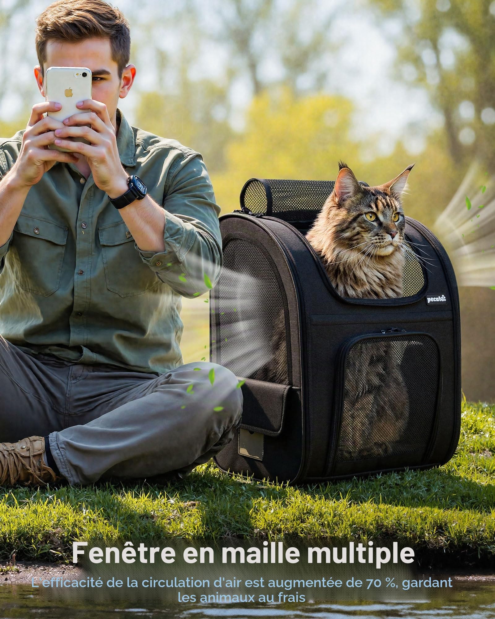 pecute Sac à Dos Chat Chien Respirant Grand, Sac Transport Chat, Noir | Confortable Sac Transport pour Chien , Stable Sac à dos Chien avec Laisse de Sécurité Intérieure et Tapis pour Voyage