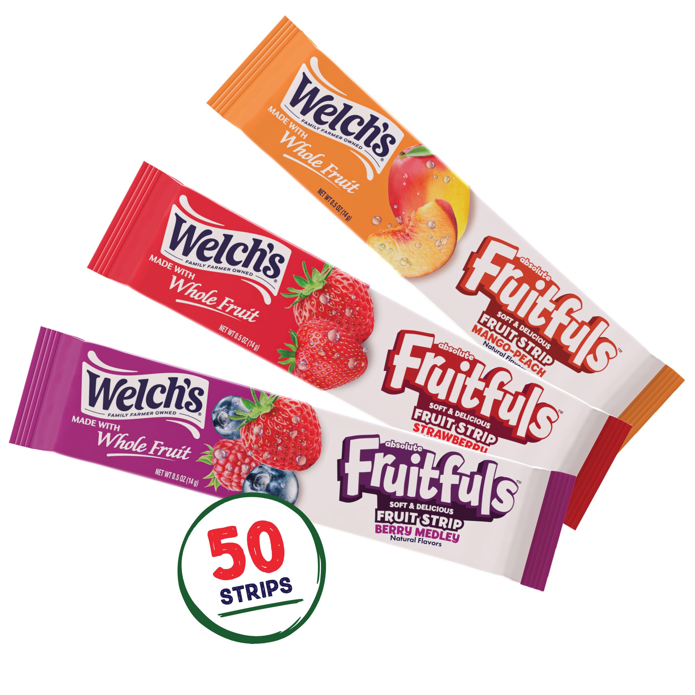 Welch's Absolute Fruitfuls paski owoców, smaczne przekąski z suszonych owoców na lunch szkolny, jagodowa składanka, brzoskwinia mango, truskawka, 15 ml (opakowanie 50 szt.)
