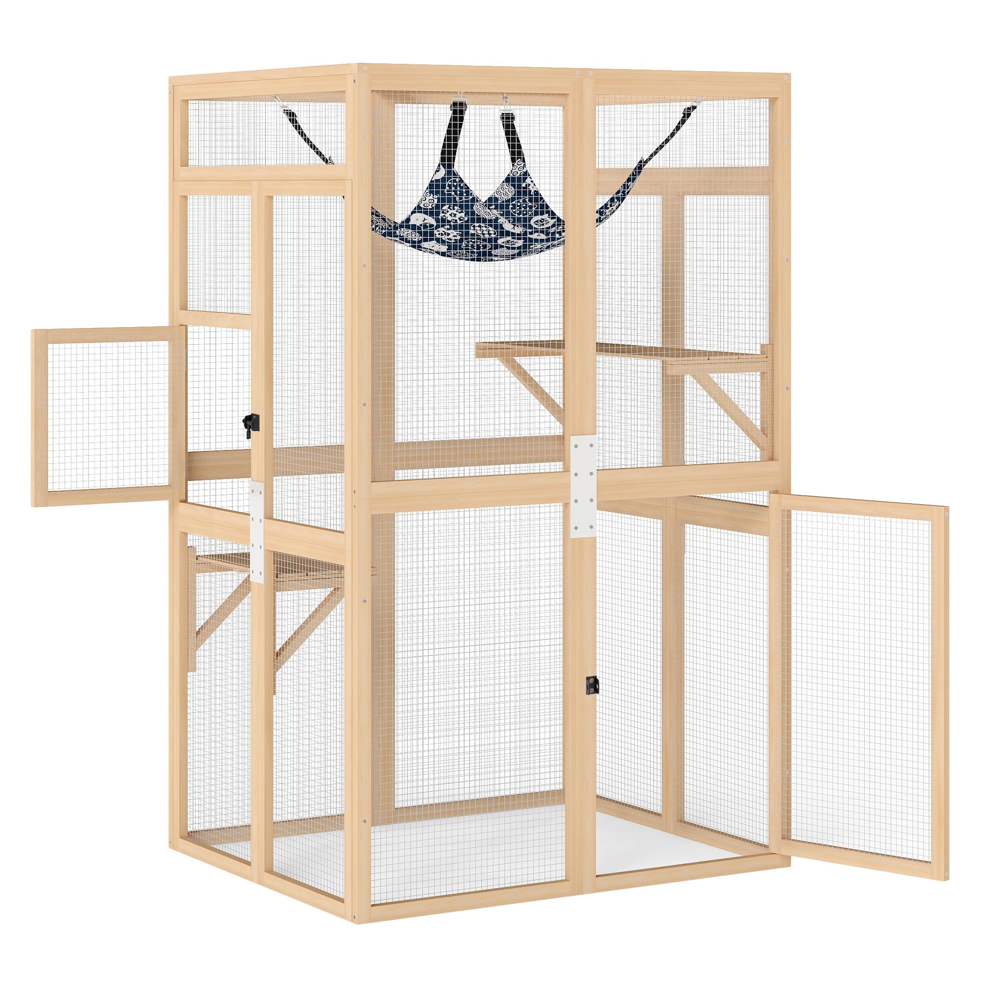 Recinto para gatos de 100 × 85 × 162 cm, resistente a la intemperie, para exteriores, casa para gatos Catio para balcón y jardín, recinto de madera con toldo, 3 niveles y hamaca