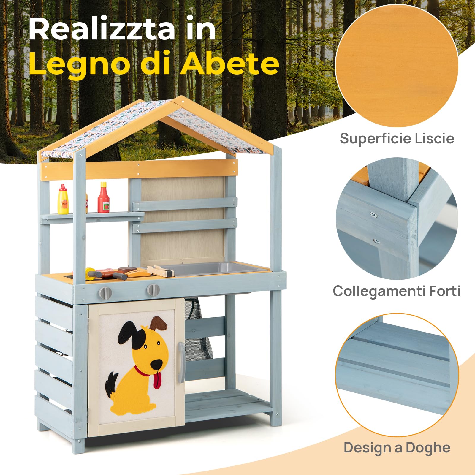 RELAX4LIFE 3 in 1 Cucina Giocattolo per Bambini in Legno, Set di Grill per Barbecue con Griglia, Forno e Lavagna, Gioco Negozio con 12 Accessori, 75 x 34 x 111 cm