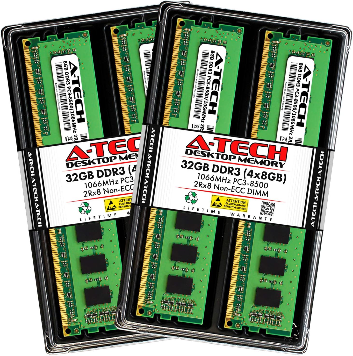 A-Tech 32GB DDR3 1066MHz Desktop Memory Kit (4 x 8GB) PC3-8500 Non-ECC Unbuffered DIMM 240-Pin 2Rx8 1.5V Dual Rank Computer RAM Upgrade Sticks