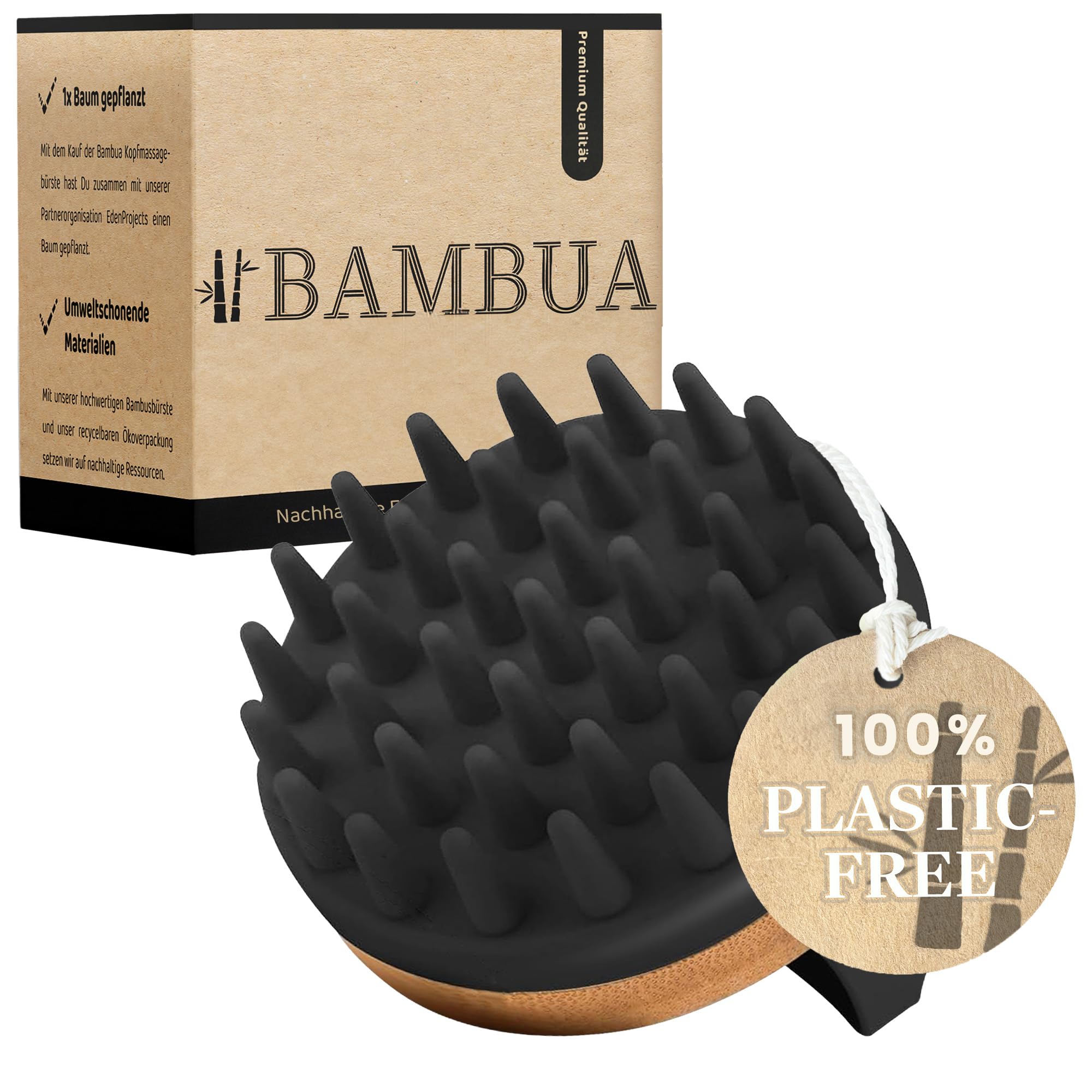 BAMBUA® Scalp Massager Hair Growth - (Anti-Dandruff Effect) Scalp Brush & Head Massager - Natural Shampoo Brush for Shower Use - Premium Hair & Scalp Care Scrubber (Black)