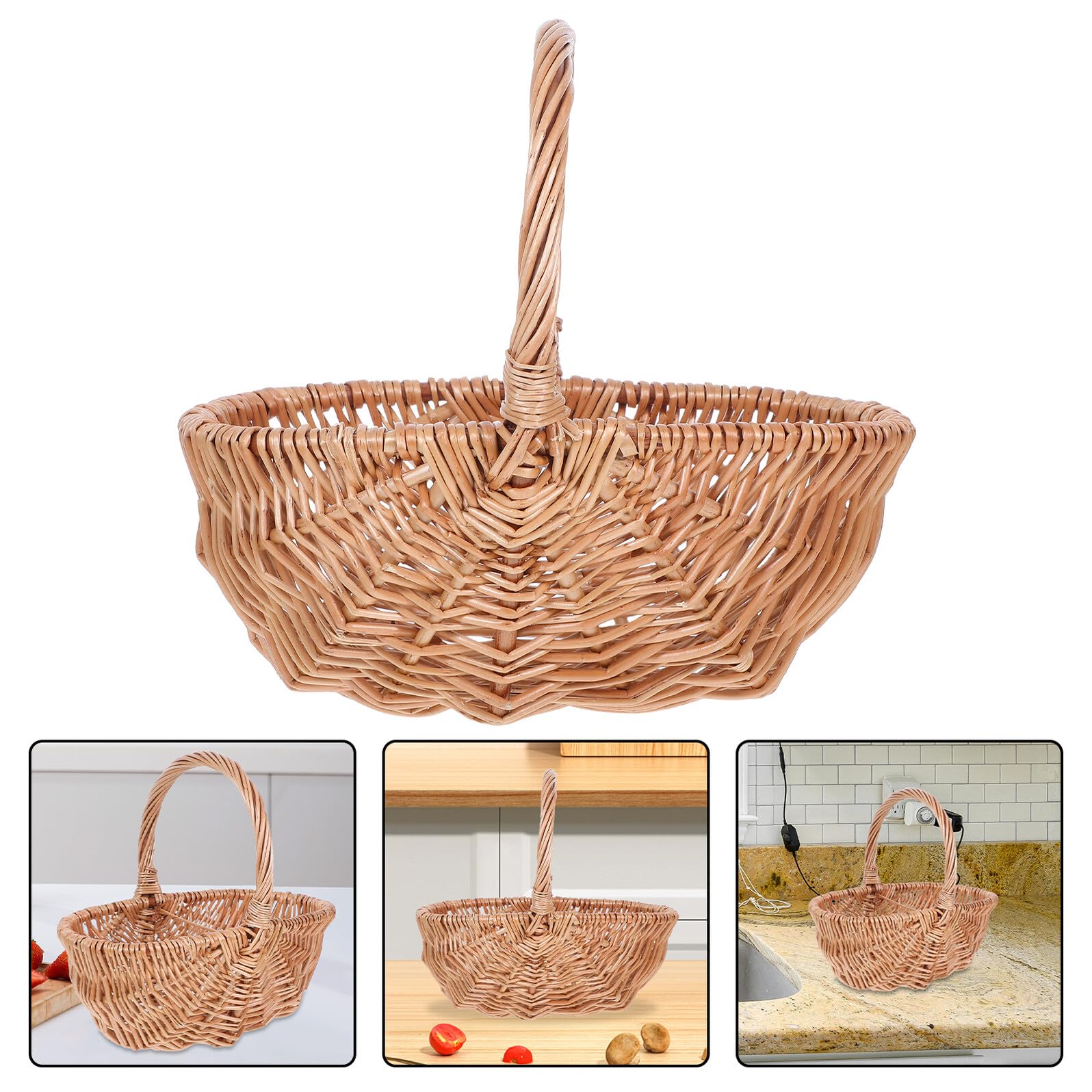 Levemolo Cesta de Mimbre Ovalada Pequeña con Asa Ligera y Portátil para Picnic Frutas Huevos y Verduras Diseño Artesanal Hecho Mano para Almacenamiento y Decoración del Hogar