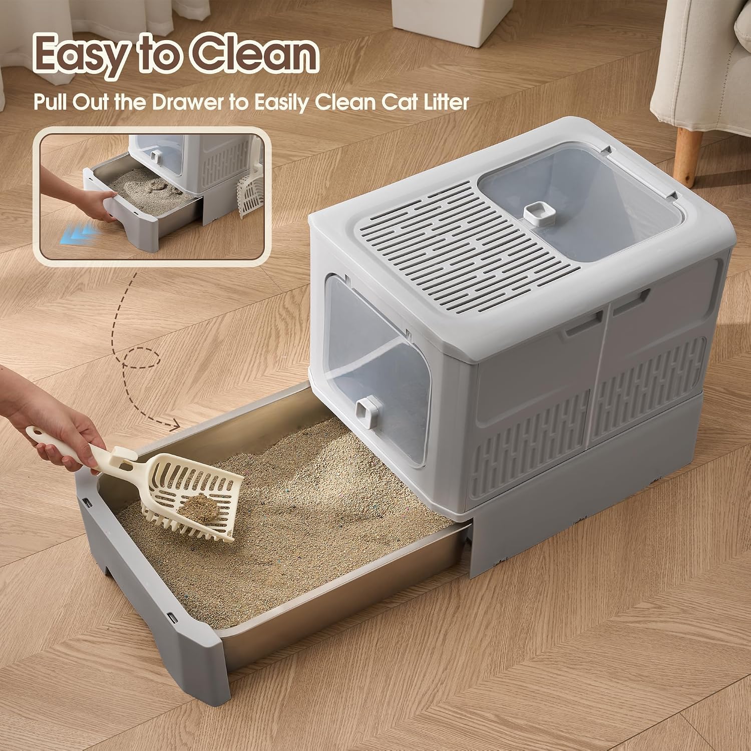 Stainless Steel Litter Box with Lid,Enclosed Stainless Steel Cat Litter Box,Kitty Litter Boxes with Drawer,Foldable Litter Box,Easy to Clean and Wash,with Scoop for Kitten to Medium Cats Under 12pound