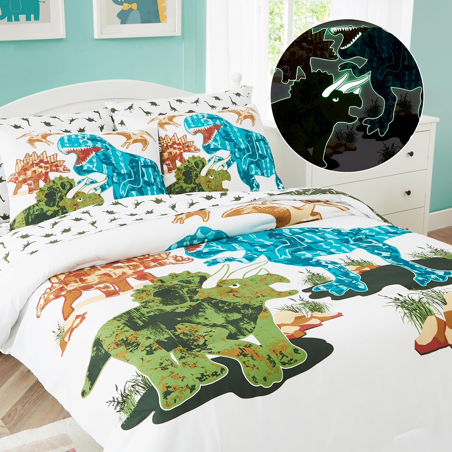 Kaleido Space KALEIDOSPACE Gilrs Zestawy pościeli dla chłopców Twin, 5-częściowe świecące w ciemności łóżko dinozaura w torbie-1 kołdra, 1 poszewka na poduszkę, 1 poszewka na poduszkę, 1 prześcieradło