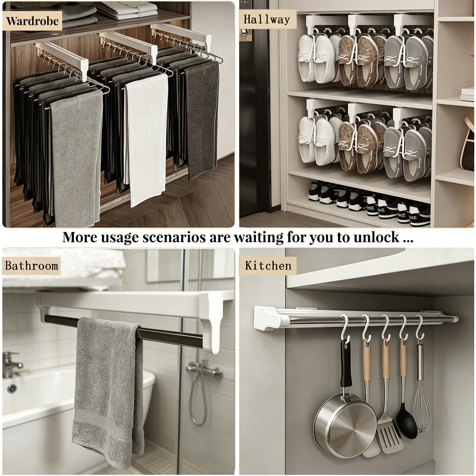 Barra Appendiabiti Estraibile, Pendiabiti Estraibile Per Armadio, 30-80 Cm Grucce Pantaloni, Appendiabiti Con Ammortizzatore Silenzioso Integrato, Organizzatore Di Spazio Domestico,350mm