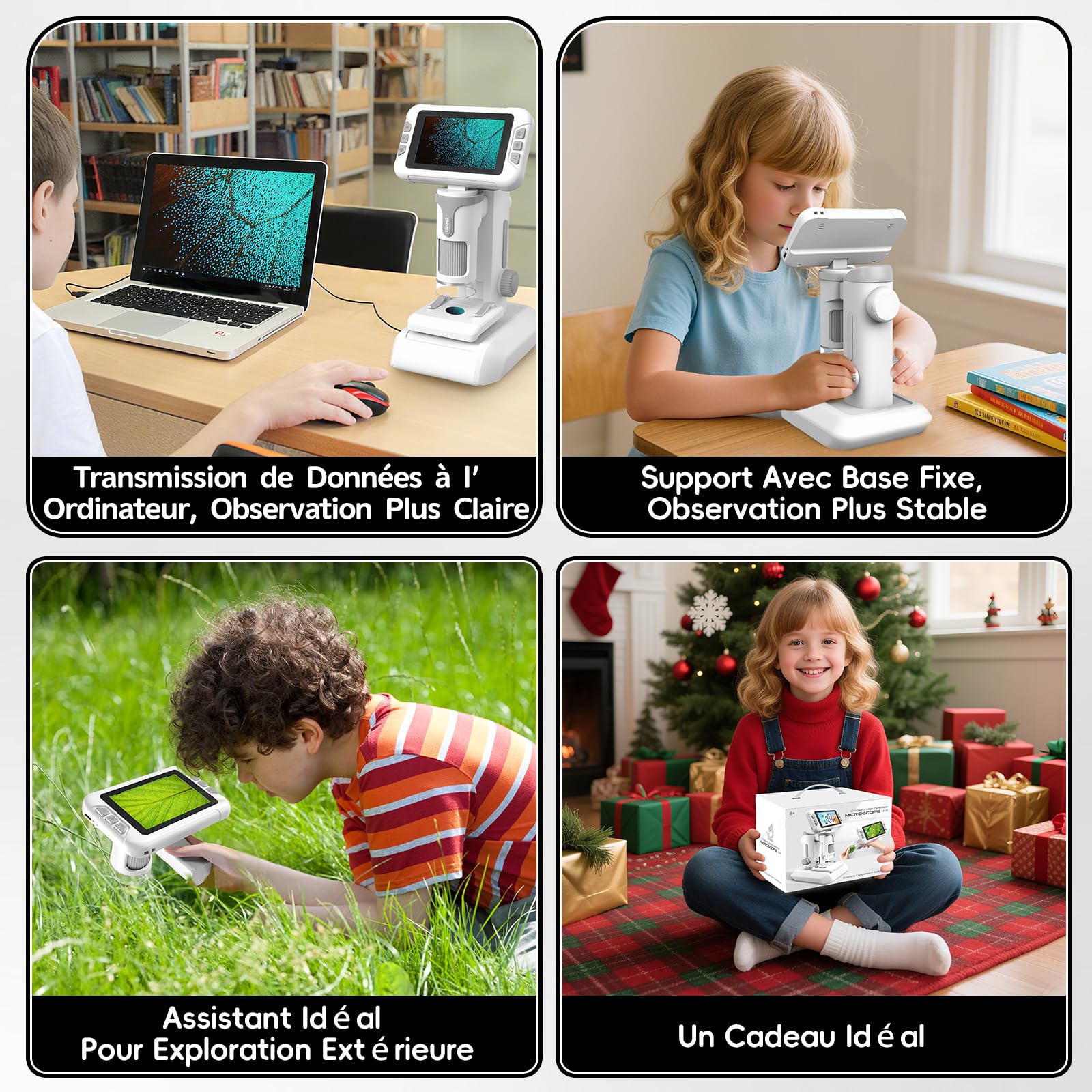 Microscope Enfant Portable avec Carte Mémoire 64Go, Écran LCD 4 Pouces, Grossissement 1600X, Prise de Photos et Vidéos