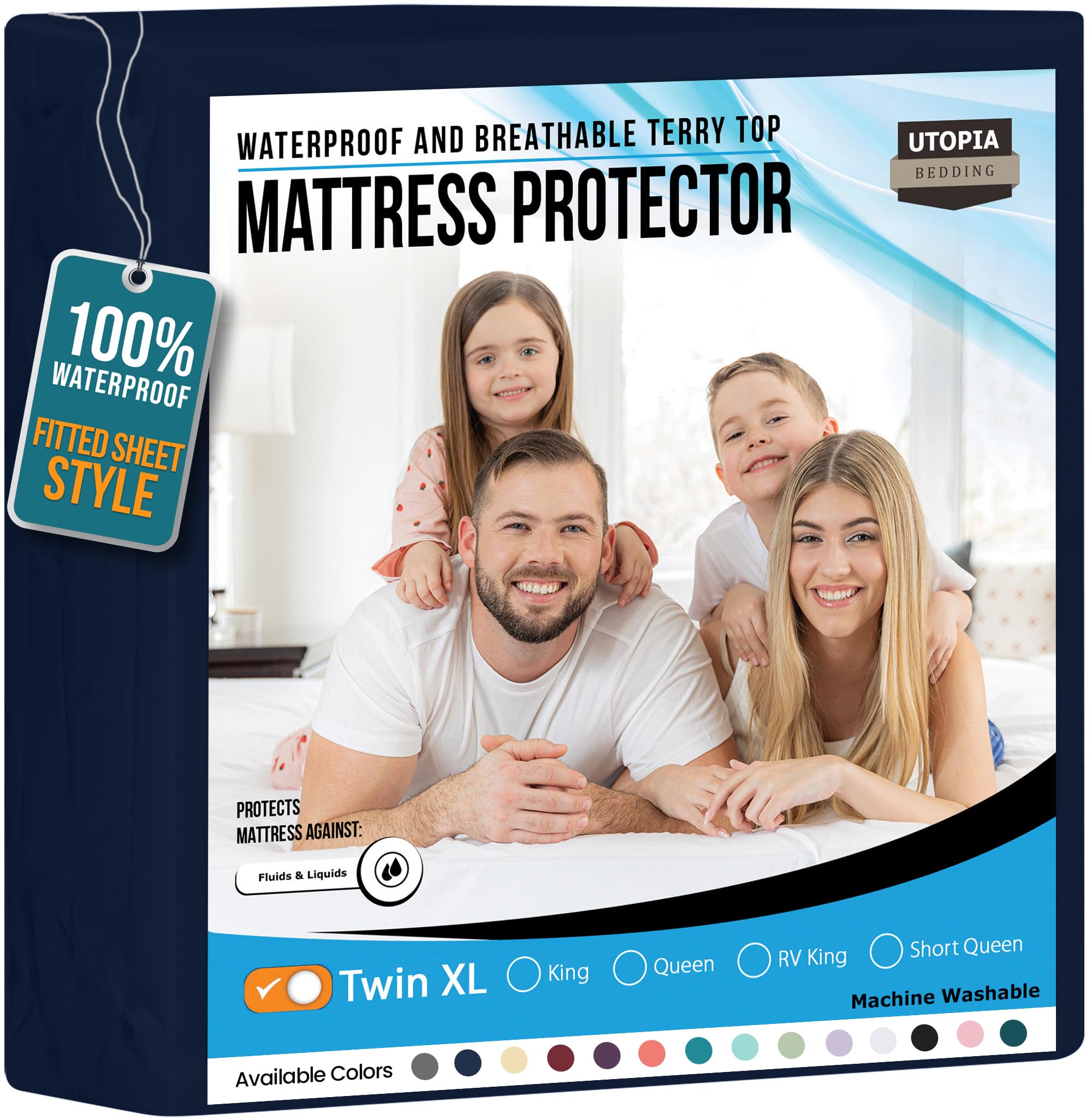 Utopia Bedding Waterproof Mattress Protector Twin XL Size, Premium Terry Mattress Cover 200 GSM, Breathable, Fitted Style with Stretchable Pockets (Navy)