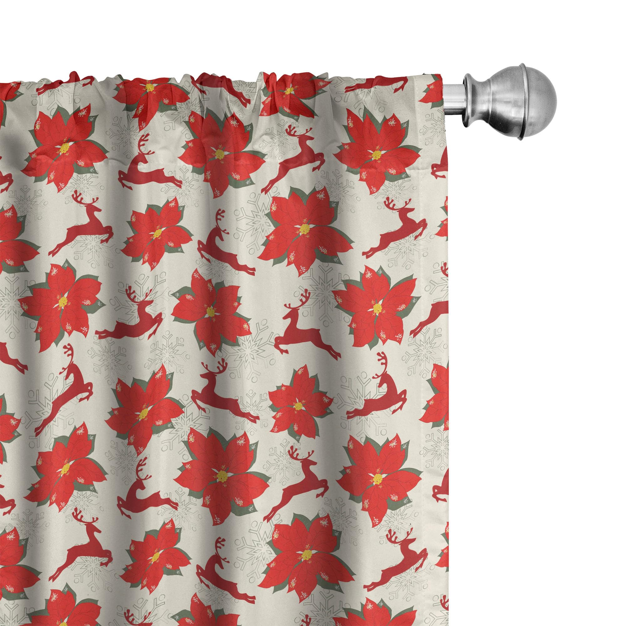Ambesonne Christmas Window Curtains, Vibrant Poinsettia Flowers with Galloping Reindeers and Snowflake, Lightweight Decor 2-Panel Set with Rod Pocket,