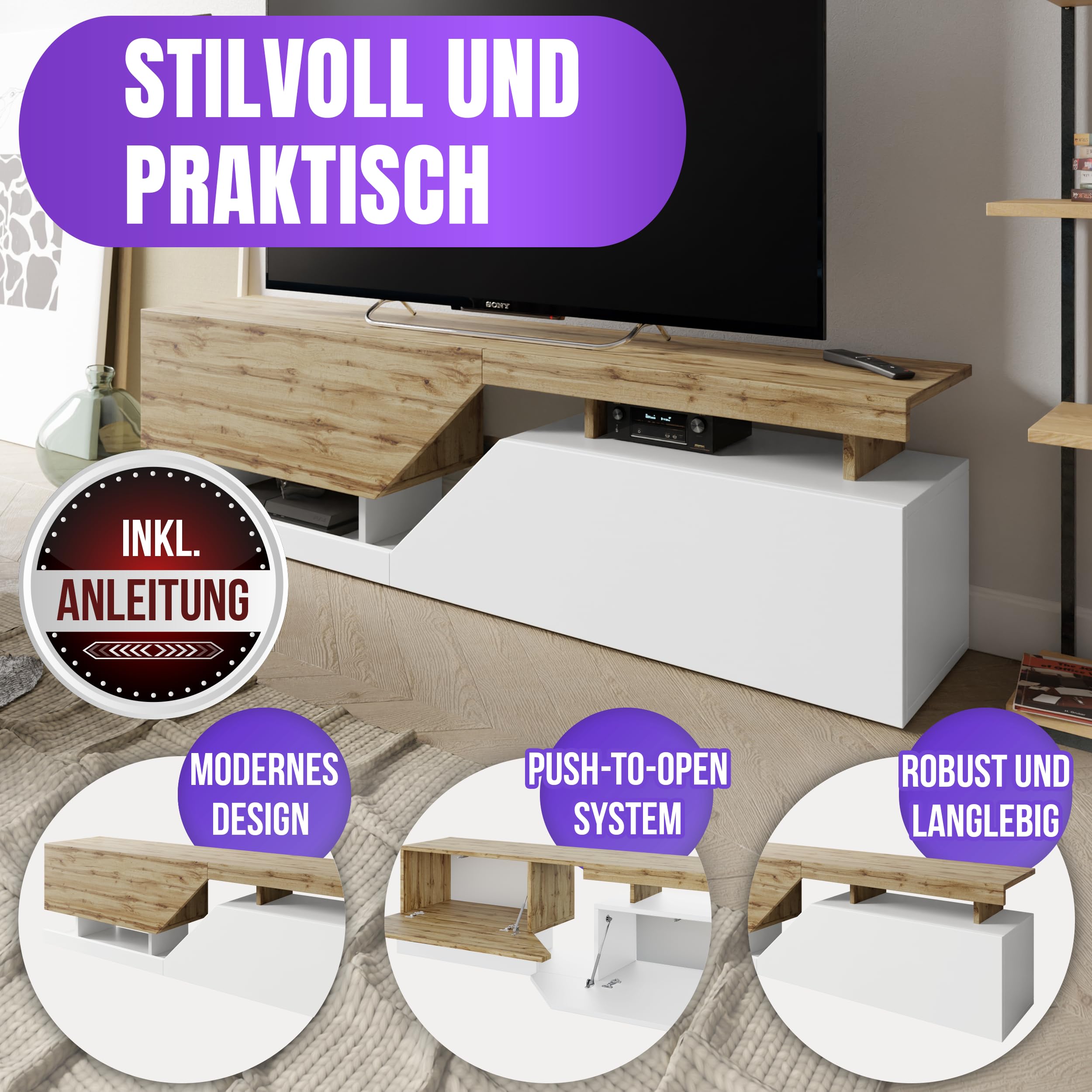 Mirjan24 TV-Lowboard Nesezi 160 mit 2 Klappen (Wotan/Weiß) | TV-Schrank mit geometrischem Design, breiter Ablagefläche, Push-to-open-System und Gasdruckfedern, B/H/T: 160/47/35 cm