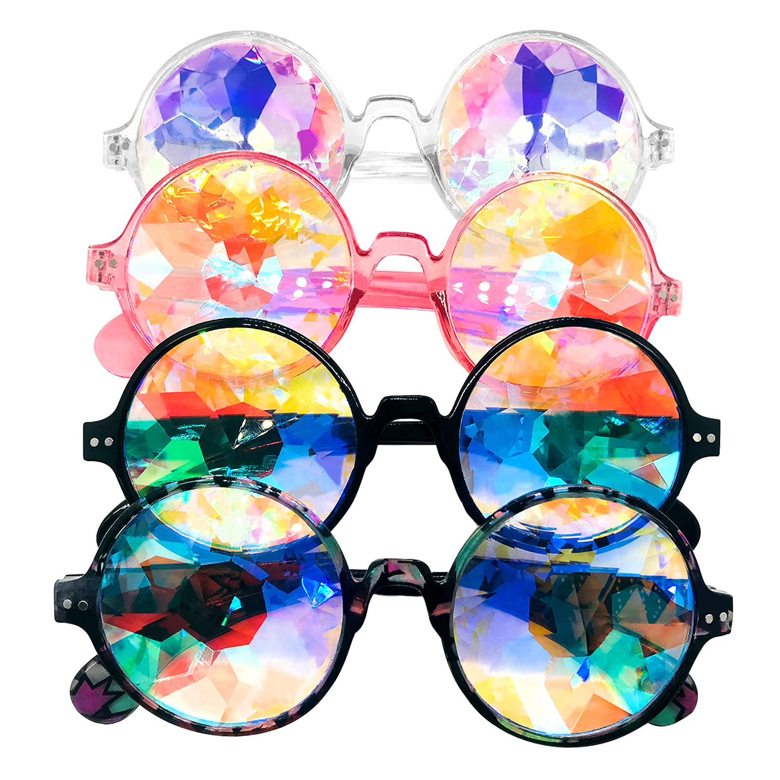 crayfomo Kaleidoscope Sunglasses 4 PCS,Crystal Lens Multicolor Polygonal Prism,Kaleidoscope Glasses for Holiday Party,Fancy Dress,Selfie,Party Accessories