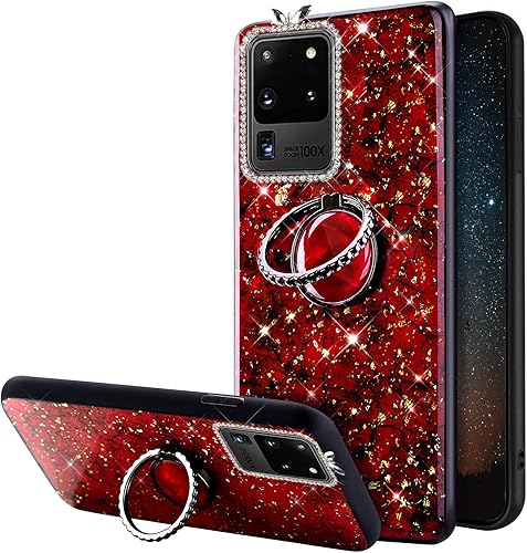 Funda para Galaxy S20 Ultra Ring Stand, diseño de mármol con incrustaciones de diamantes de imitación brillantes a prueba de golpes, parte trasera