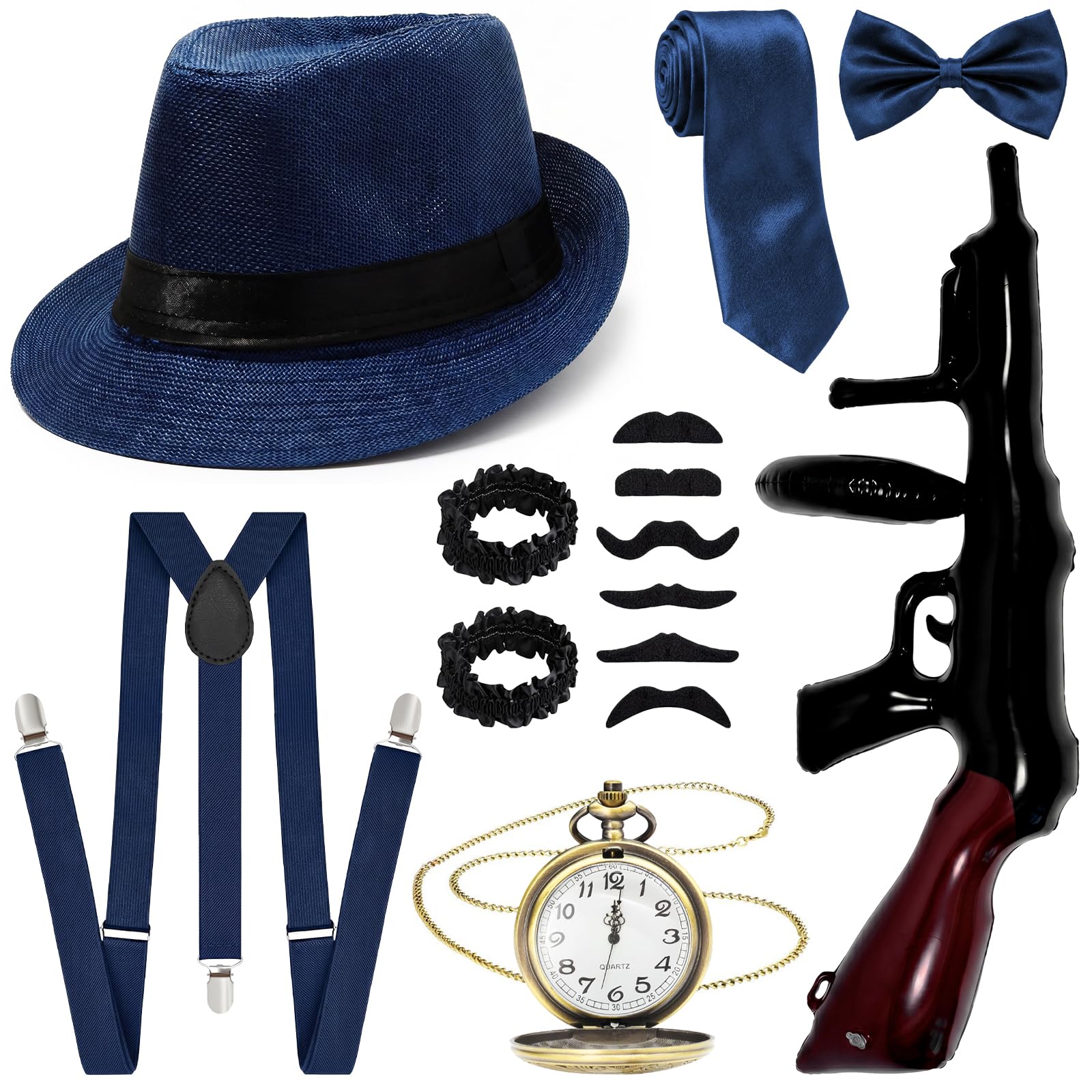 Wynlora 14pcs 1920s Gangster Costume Set for Men, Roaring 20s Costume Accessories Kit with hat Suspenders Pocket Watch Bow Tie Beards Cuffs Tie Inflatable Prop for Carnivals Halloween Themed Parties