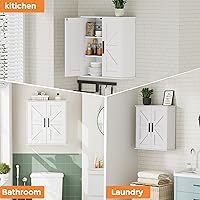 Vista 6 de Armario de pared para baño, armario de almacenamiento sobre inodoro con puertas de granero y estantes ajustables, botiquín de 3 niveles montado