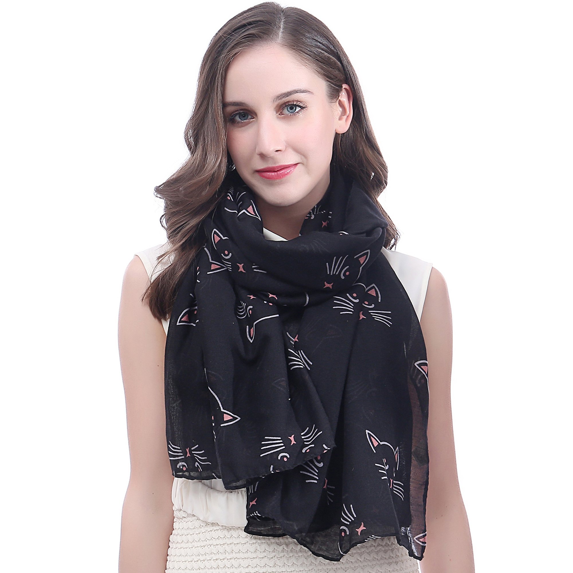 Lina & Lily Cat Animal Print Women's Scarf Shawl Lightweight (Black)(Size: 180cm x 90cm)