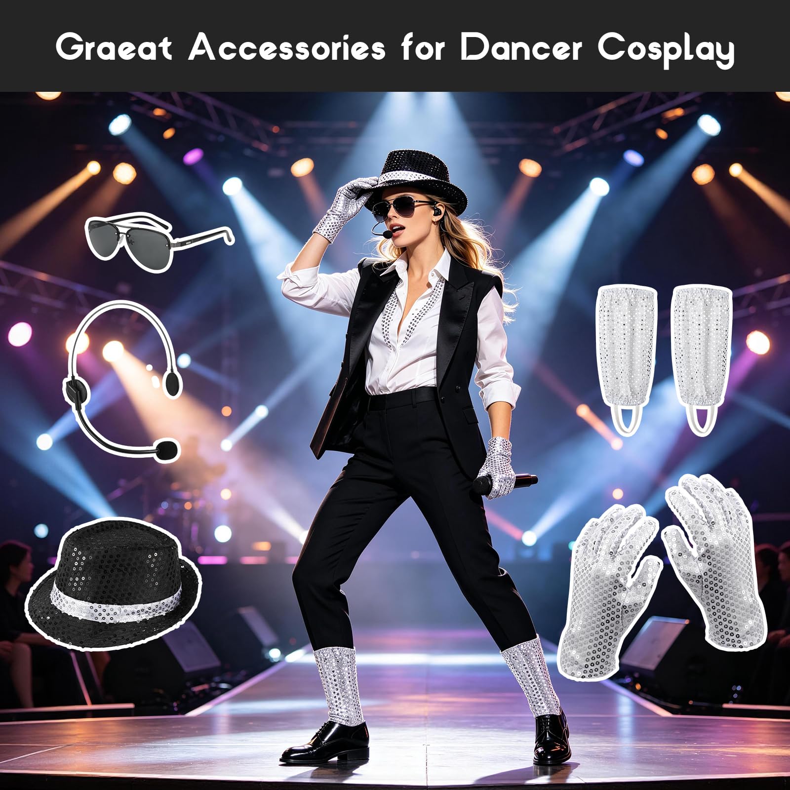 7PCS Accessoires de Costume MJ pour Adultes, Chapeau Paillette Micro-casque Lunettes de Soleil Gants à Paillettes Chaussettes Argentées, 80s Danseur Rock Pop Star Cosplay Kits de Déguisement Halloween