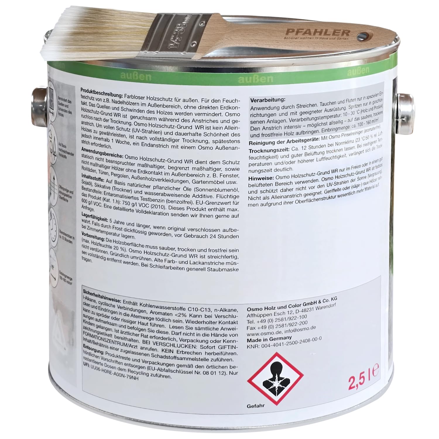 OSMO Holzschutz-Grund WR 4041 Farblos 2,5L für Außenanstrich flüssige Feuchteschutz-Imprägnierung + Flächenstreicher Pinsel von Pfahler