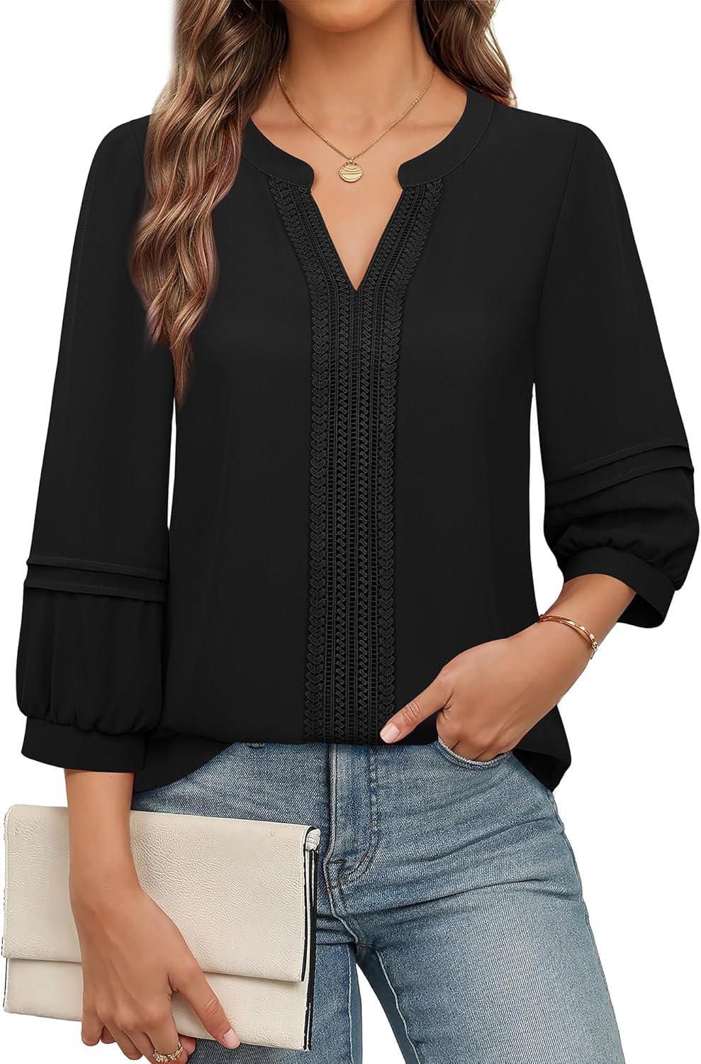 Unixseque Womens Casual Blouses 3/4 Sleeve V Neck Business Tops Ladies Trendy Office Work Shirts