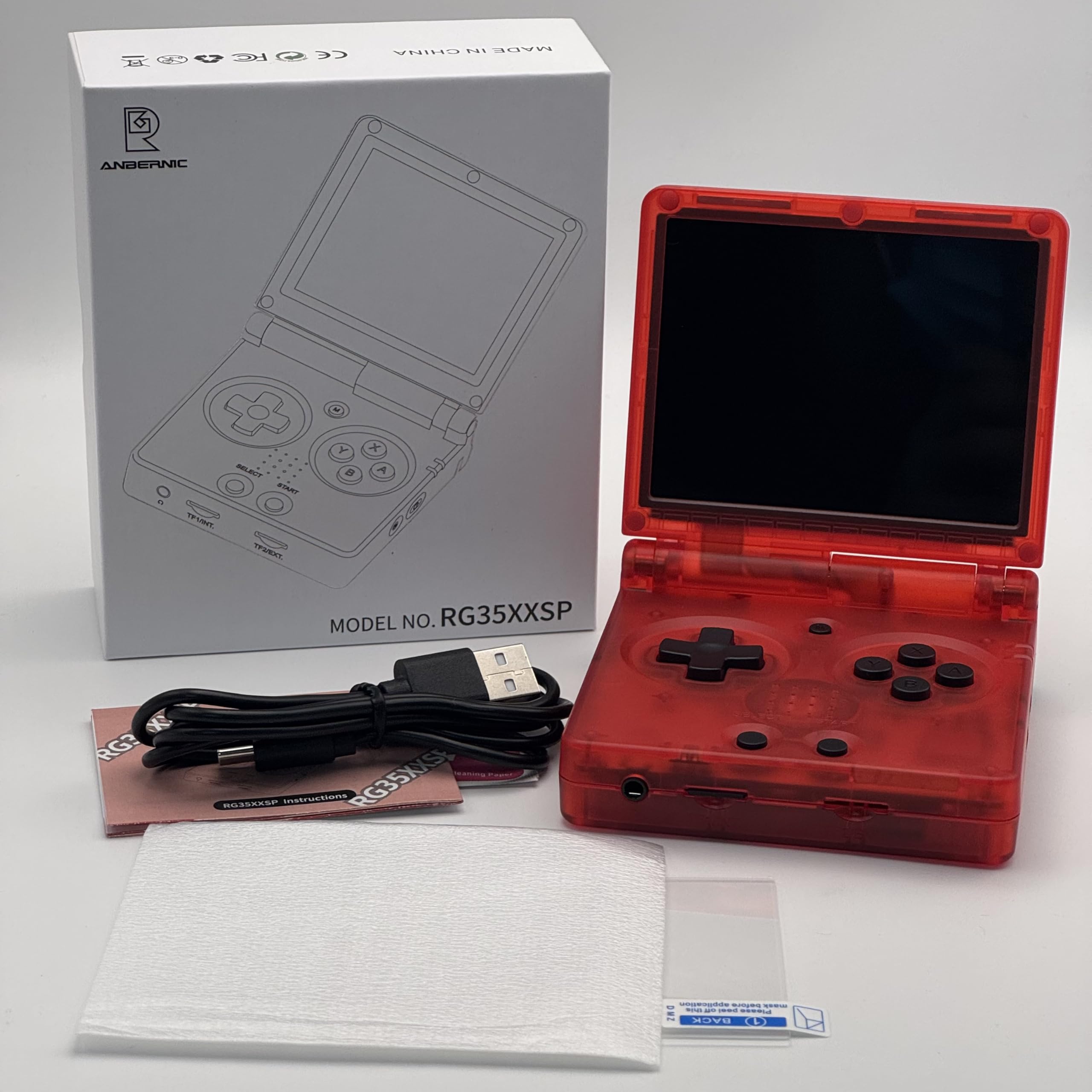 New RG35XXSP Red/Green Transparent Color Flip Retro Handheld Game Console 3.5inch IPS Screen Clamshell Portable Console, Include 64GB TF System Card (Red Transparent)