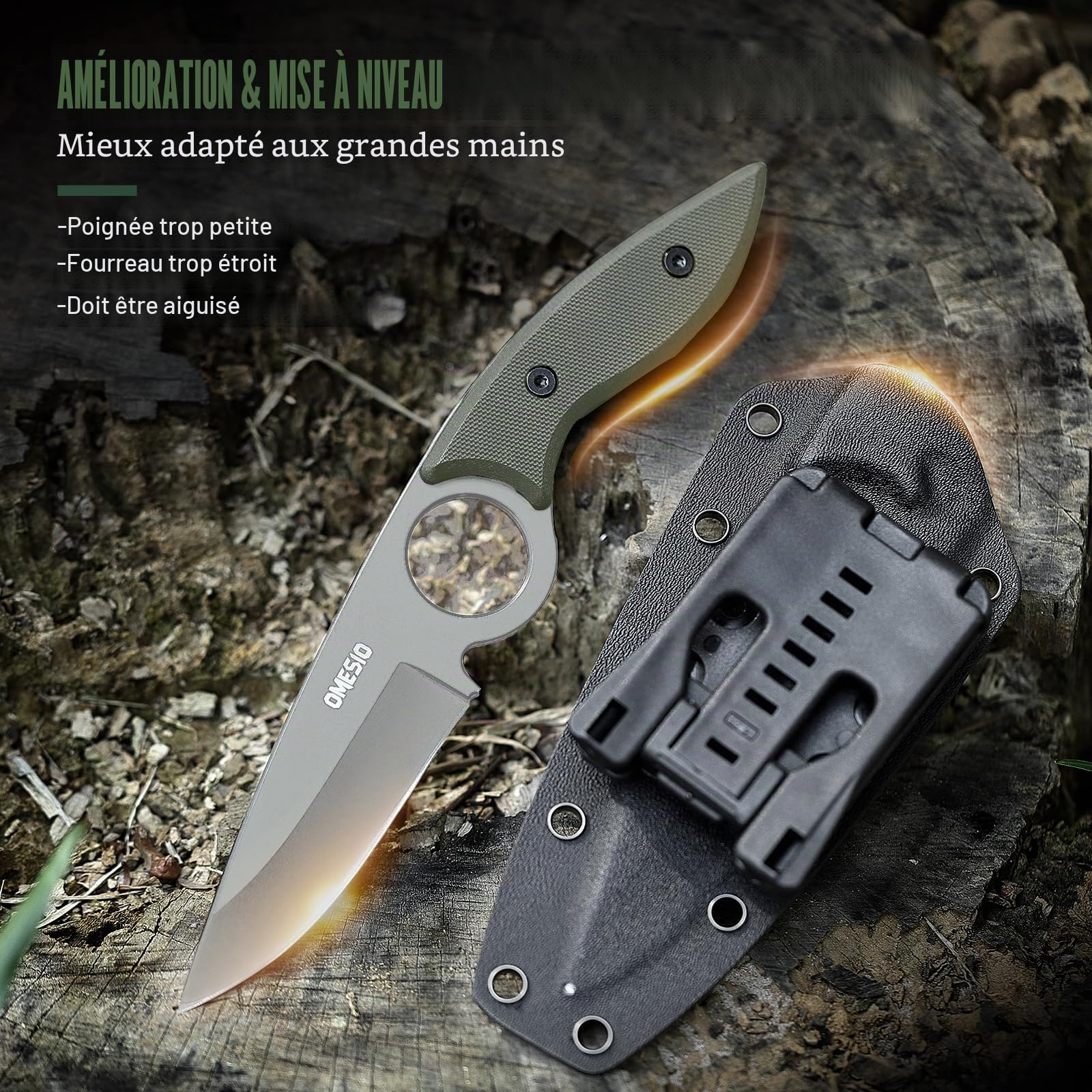 Omesio Couteau Outdoor 5CR13MOV acier Full tang couteau fixe lame drop-point 8,5 cm couteau de ceinture EDC avec Kydex fourreau(manche vert + lame blanche)