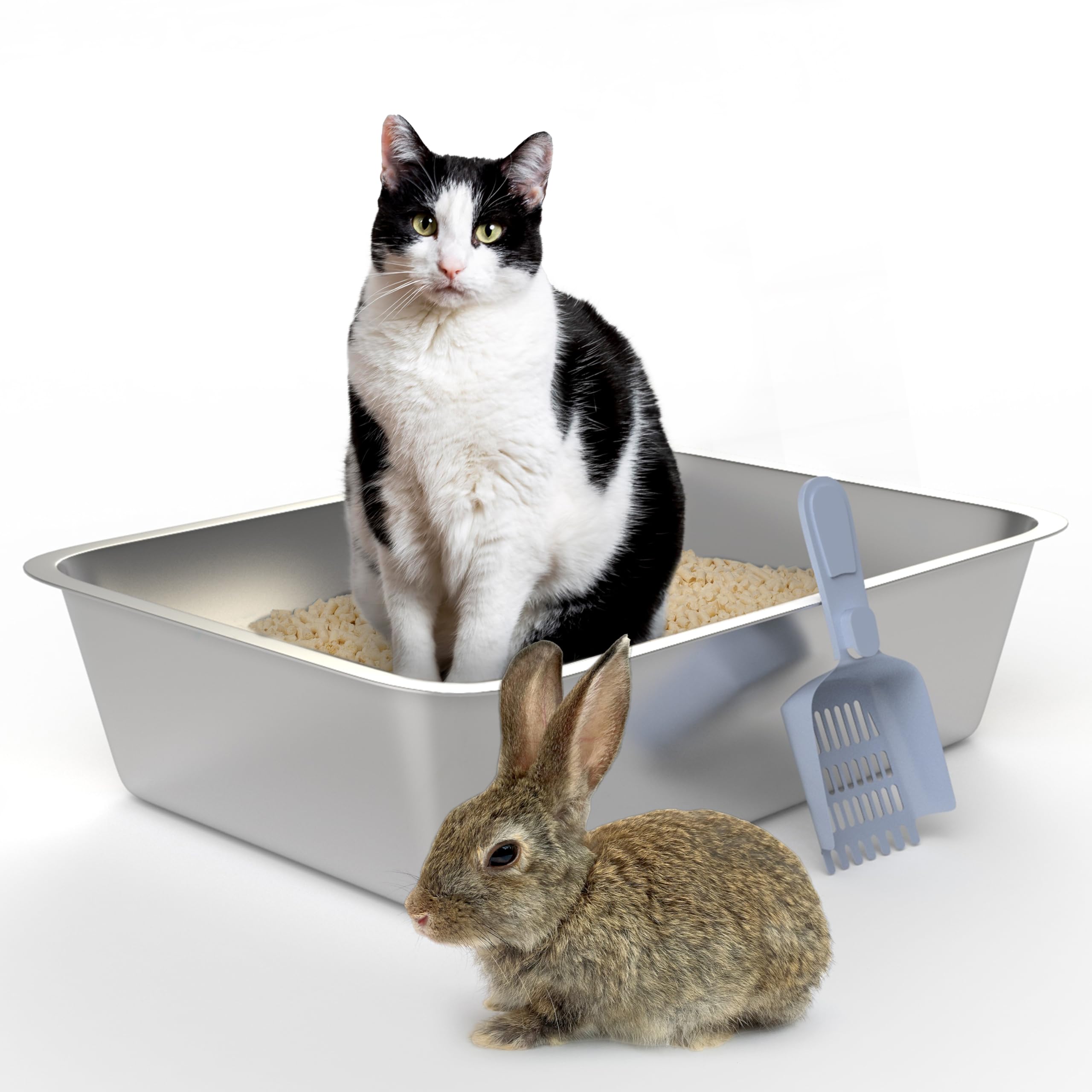 Stainless Steel Cat Litter Tray Box, Large High Sided Litter Box for All Cats Rabbits, Never Absorbs Odors, Non Stick Surface, Anti-slip Rubber Bottom, Easy to Clean, 50(L) x35(W) x 15(H) cm