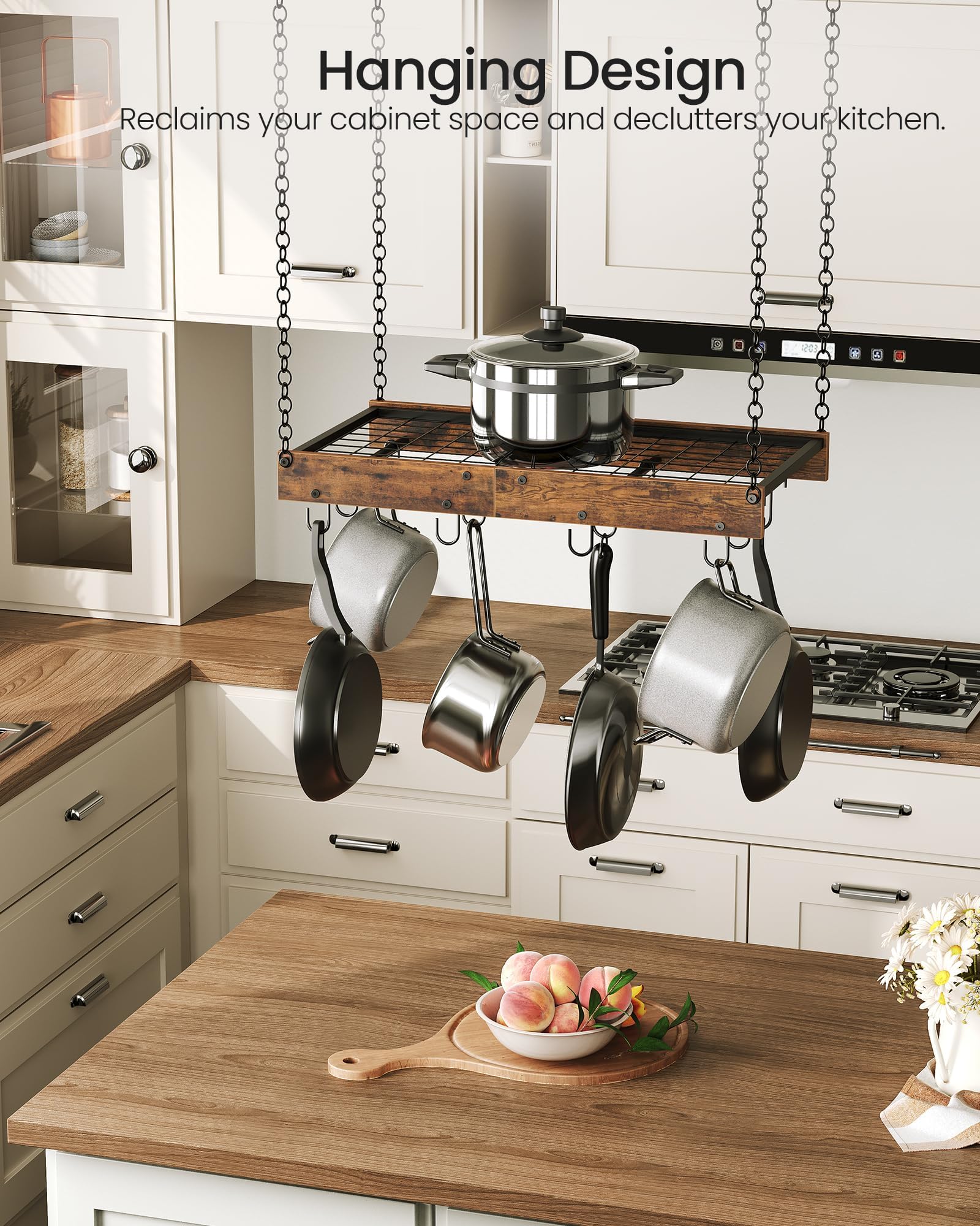 CHOEZON Colgador de Ollas, Soporte para Sartenes Suspendido del Techo, Estante de Cocina, Estilo Industrial, 12 Ganchos, Almacenamiento de Utensilios, Negro y Marrón Rústico DTPR01BF