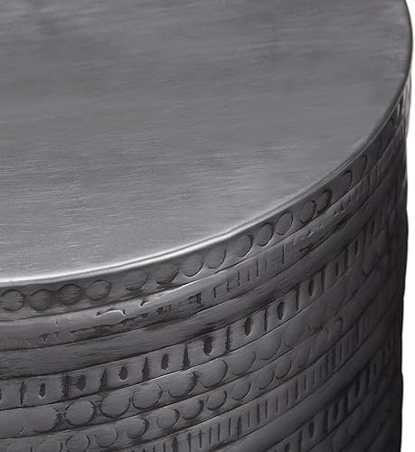 Miniatura 5 de SIMPLIHOME Johnsen Mesa de Metal - Mesa de Acento de Tambor de Hierro Macizo de 15 pulgadas de Ancho en Plata Antigua con Patrón Tribal, Mesa Plata