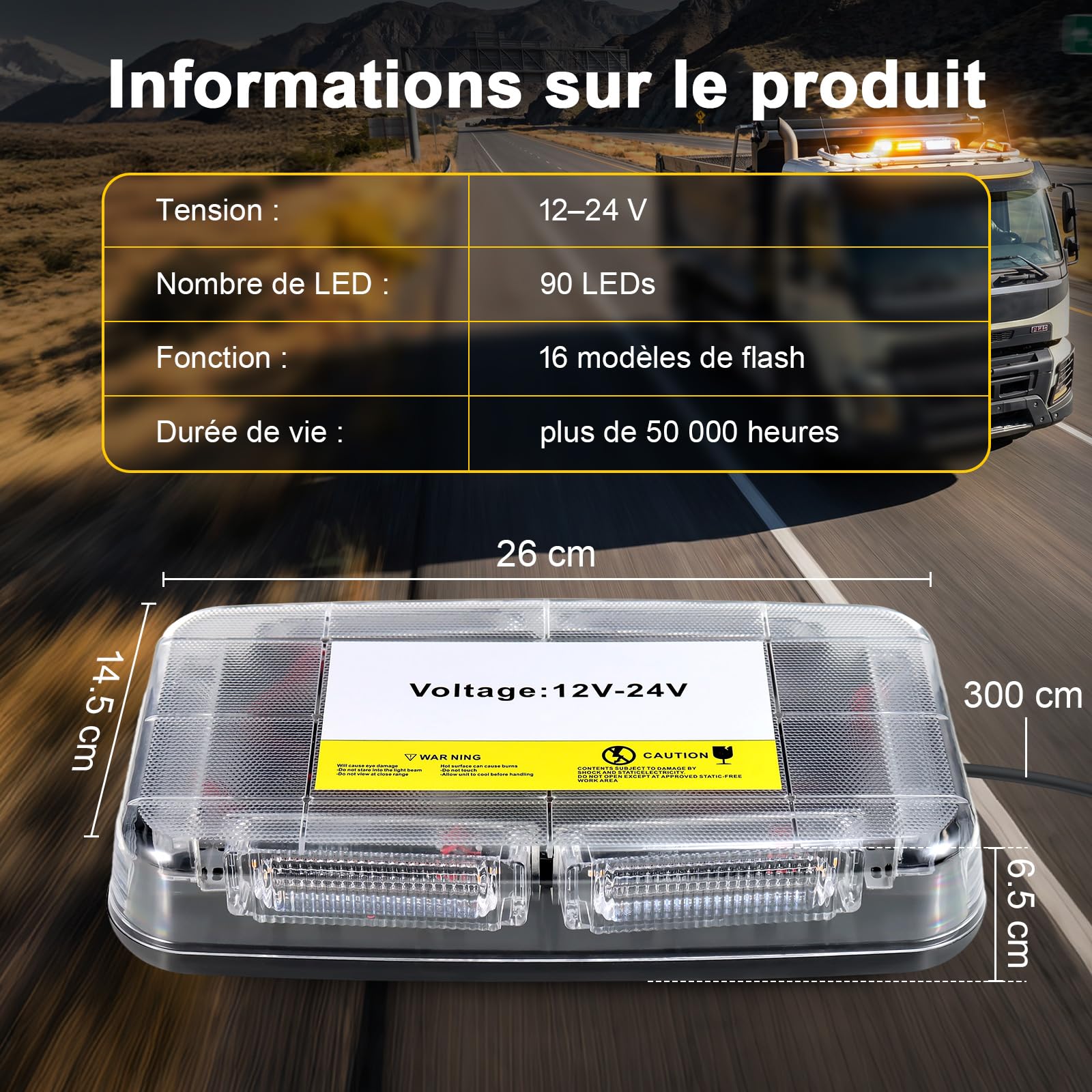 Rampe LED Gyrophare Magnétique 90 LED Jaune Blanc 12V/24V IP65