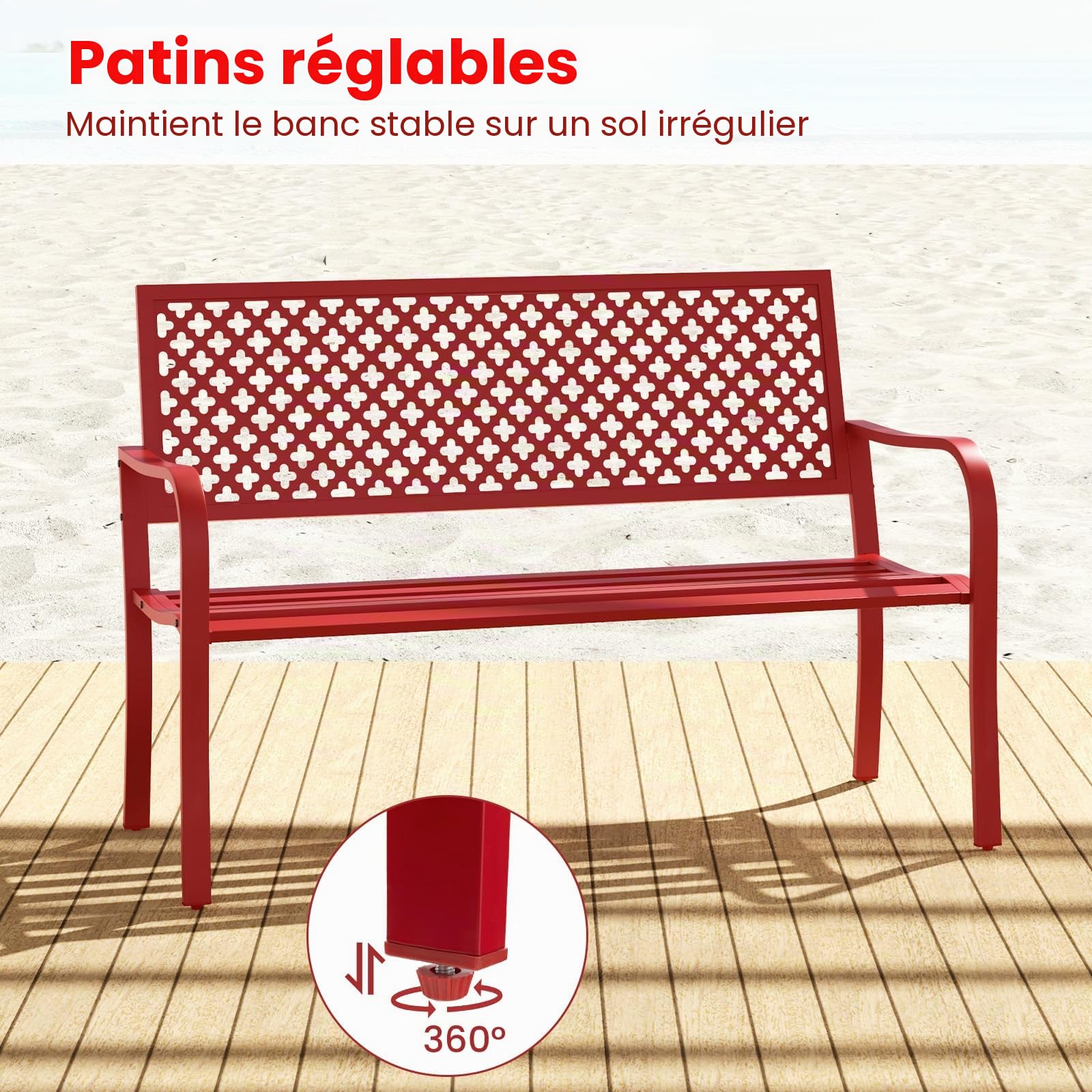 KOMFOTTEU Banc de jardin 2 places, banc d'extérieur avec accoudoirs, charge 300 kg, banc de jardin vintage en métal, pour cour, parc, terrasse, 127 x 62 x 86 cm (rouge)