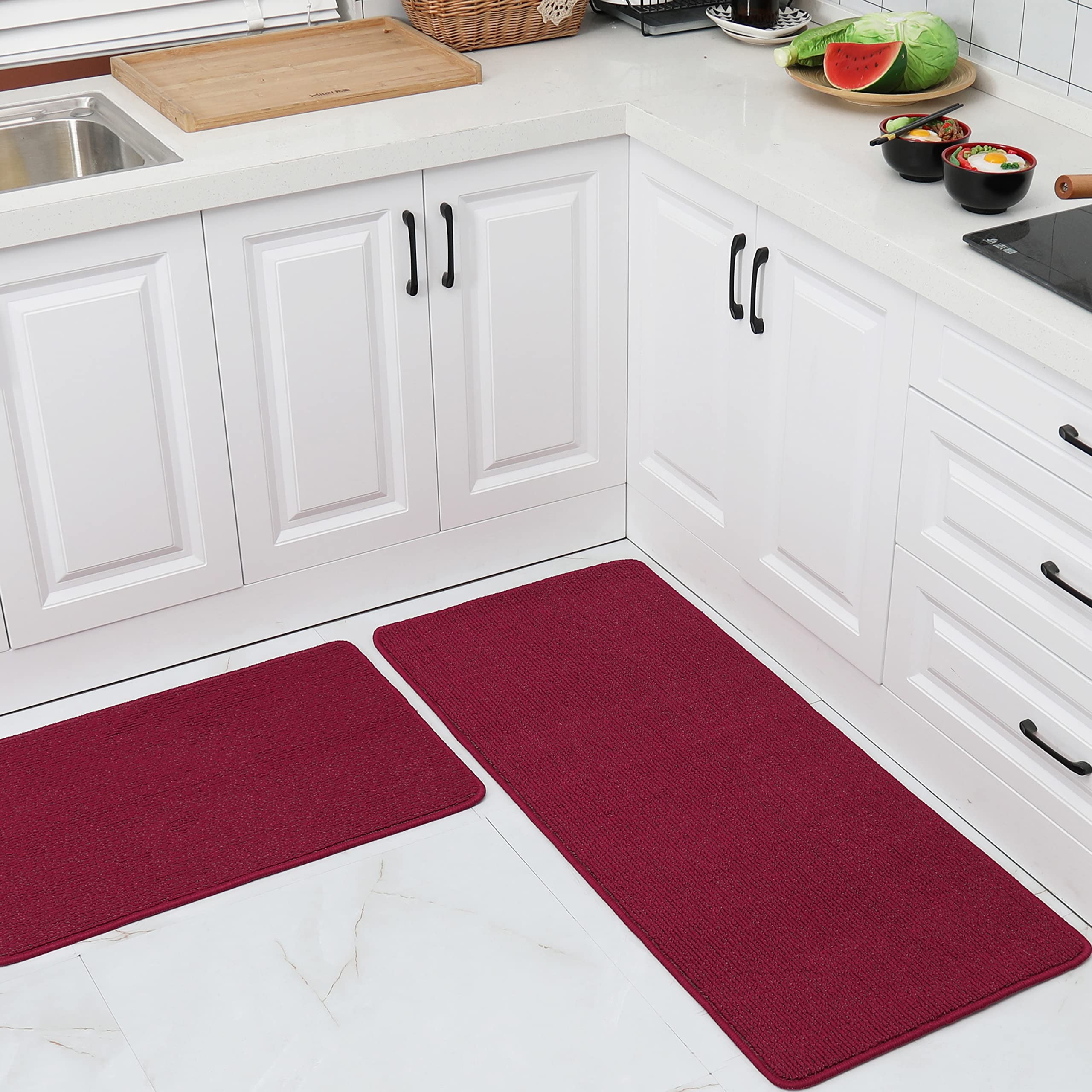 COSY HOMEER 20x30 Inch/20X48 Inch Kitchen Rug Mats Made of 100% Polypropylene Strip TPR Backing 2 Pieces Soft Kitchen Mat Specialized in Anti Slippery and Machine Washable,Red