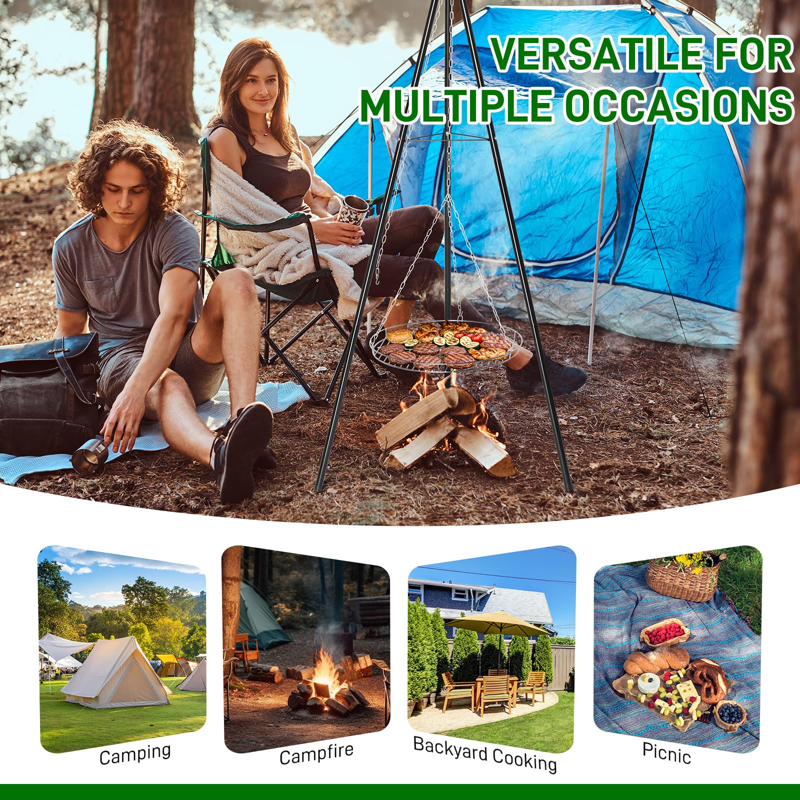 ROVSON - Soporte para parrilla de barbacoa con trípode portátil, para cocinar al aire libre, camping, jardín, playa